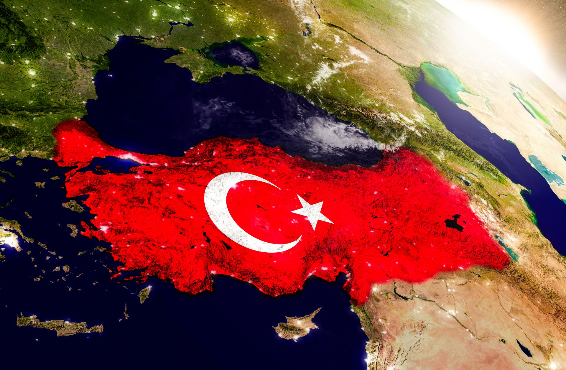 A 3D map of Turkey with a flag embedded into the planet's surface during sunrise.