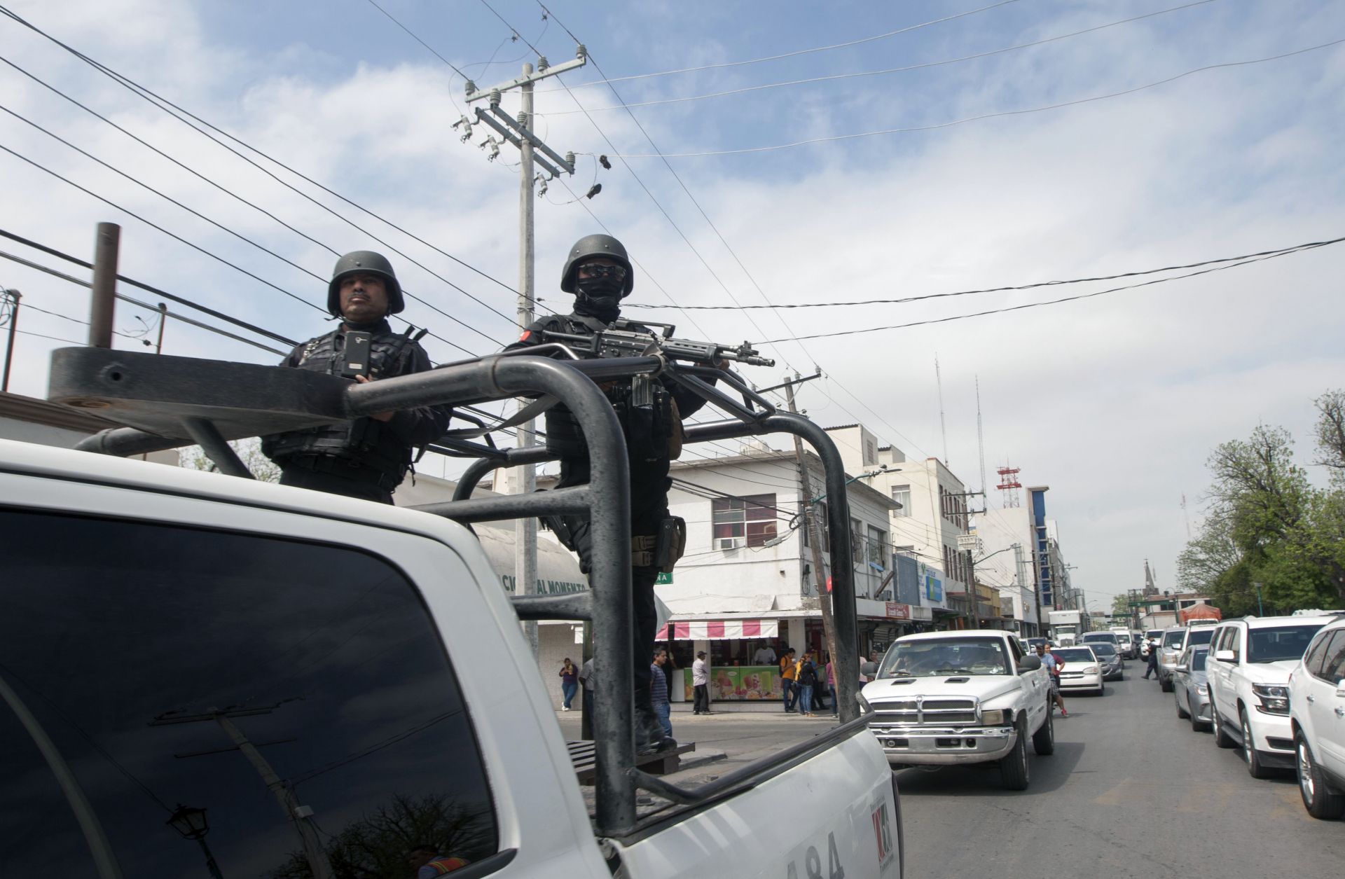 Police officers patrol Nuevo Laredo, Mexico, during April 2018.