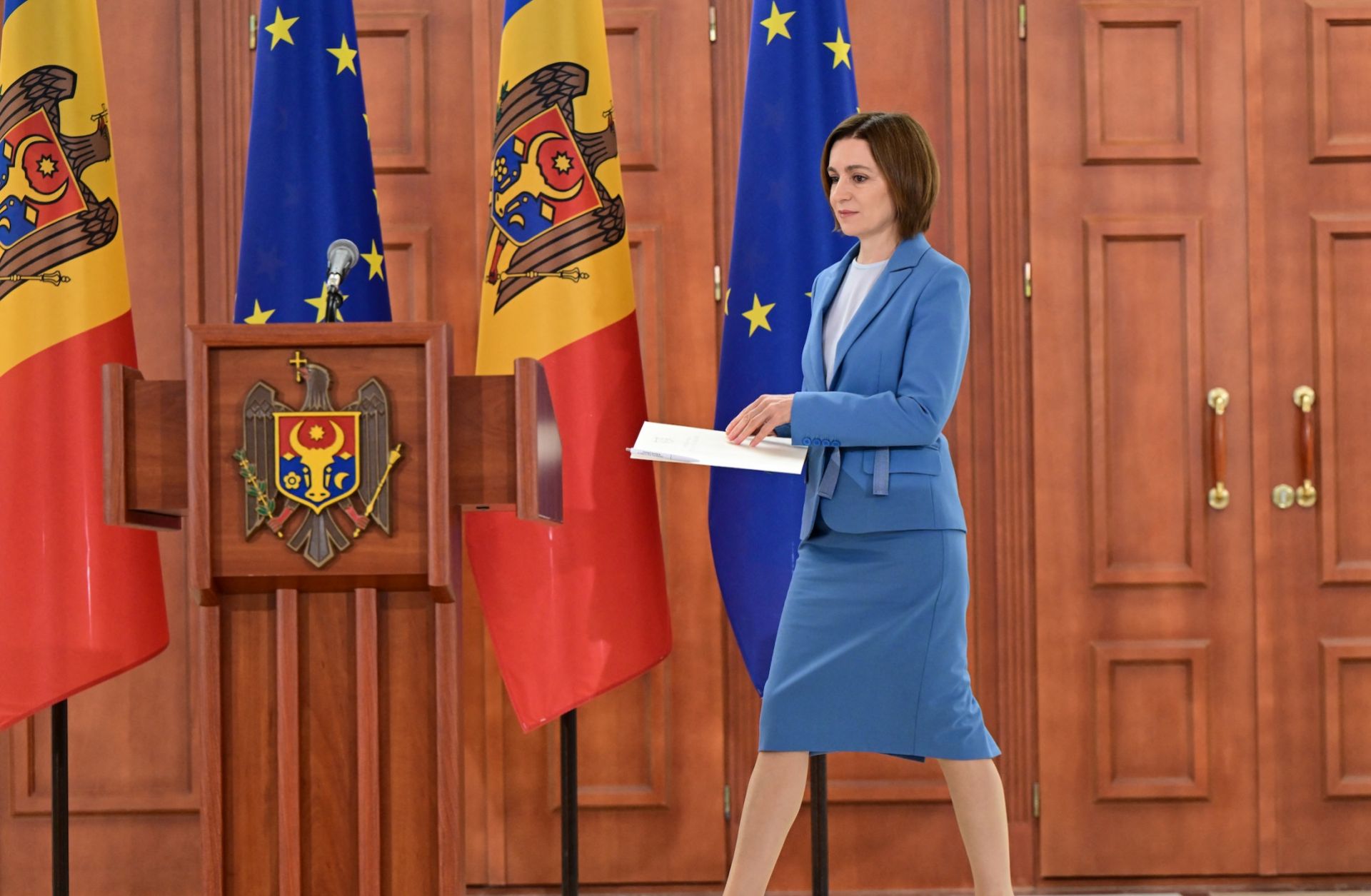 Moldovan President Maia Sandu arrives to hold a press conference in Chisinau on Sept. 29, 2025, after her pro-EU party secured a victory in parliamentary elections. 