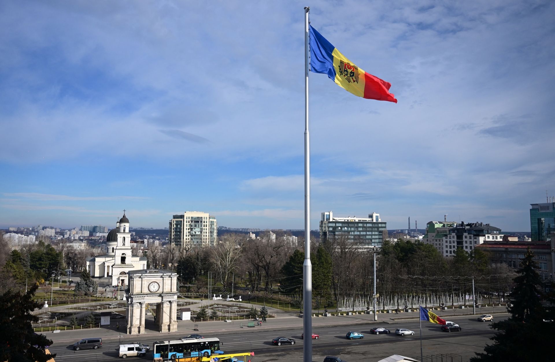 The Moldovan flag flutters near government buildings in Chisinau on Jan. 17, 2025. 
