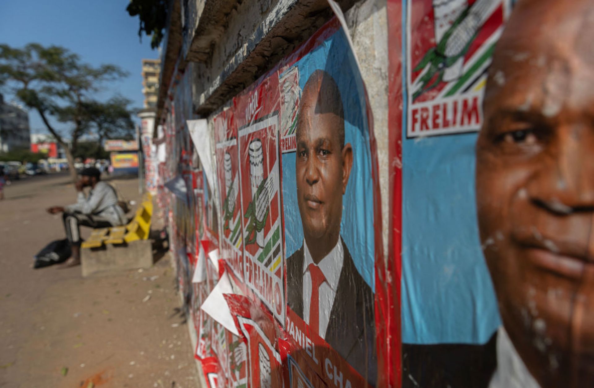 Frelimo electoral posters are plastered on a wall in Maputo, Mozambique, on Aug. 24, 2024, the first day of the presidential campaign season ahead of the general election on Oct. 9, 2024.
