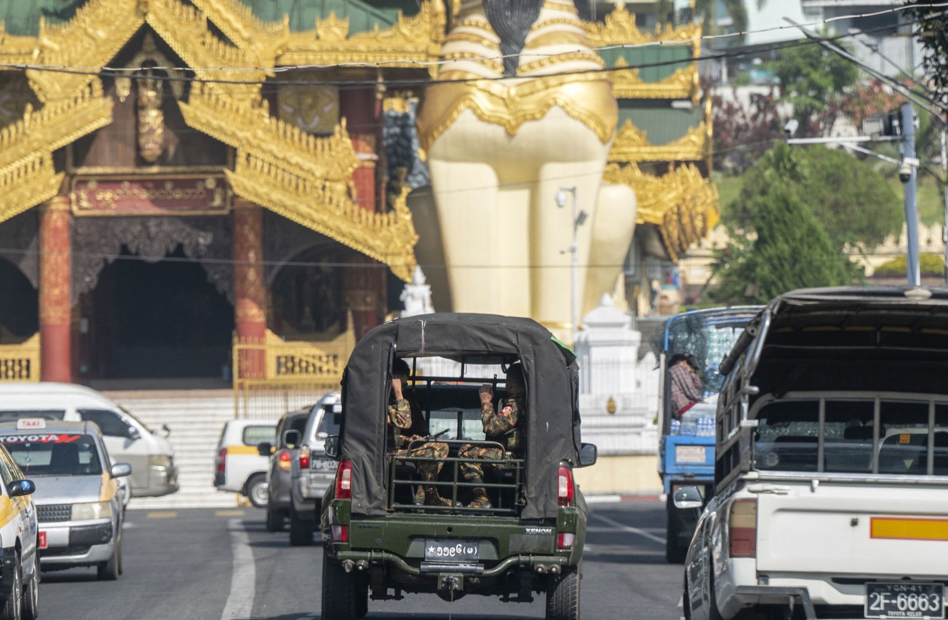 Members of Myanmar's military patrol on a street next to Shwedagon Pagoda during the fourth anniversary of the military coup in Yangon on Feb. 1, 2025. Members of Myanmar's military patrol on a street next to Shwedagon Pagoda during the fourth anniversary of the military coup in Yangon on Feb. 1, 2025.