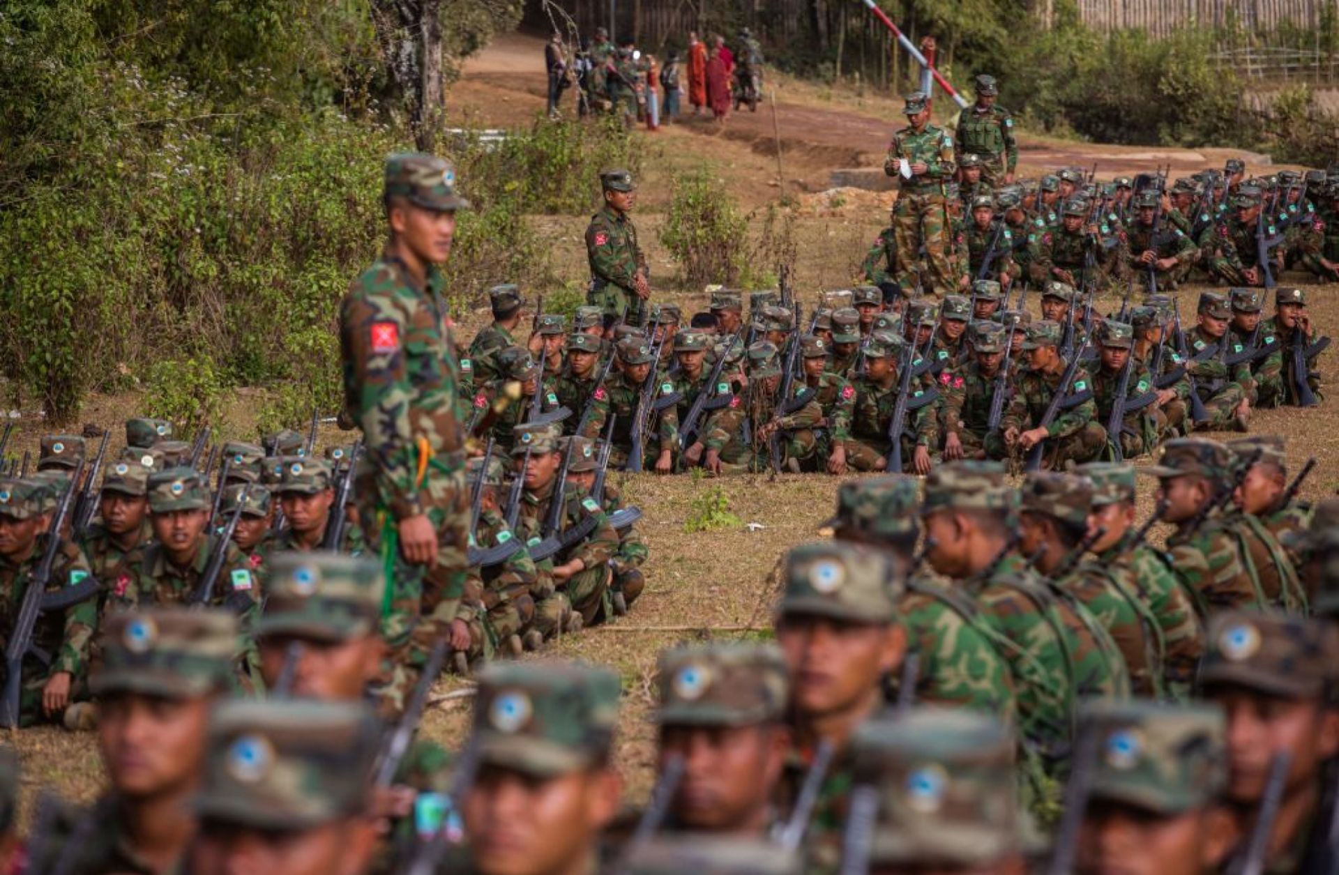 A photo taken on Jan. 11, 2022, shows soldiers from the Taaung National Liberation Army (TNLA), a Palaung ethnic armed group, gathering in Myanmar's northern Shan state.