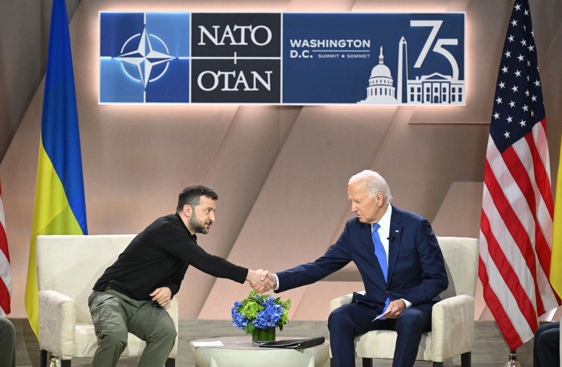 U.S. President Joe Biden meets with Ukrainian President Volodymyr Zelensky on the sidelines of the NATO summit in Washington D.C. on July 11, 2024.