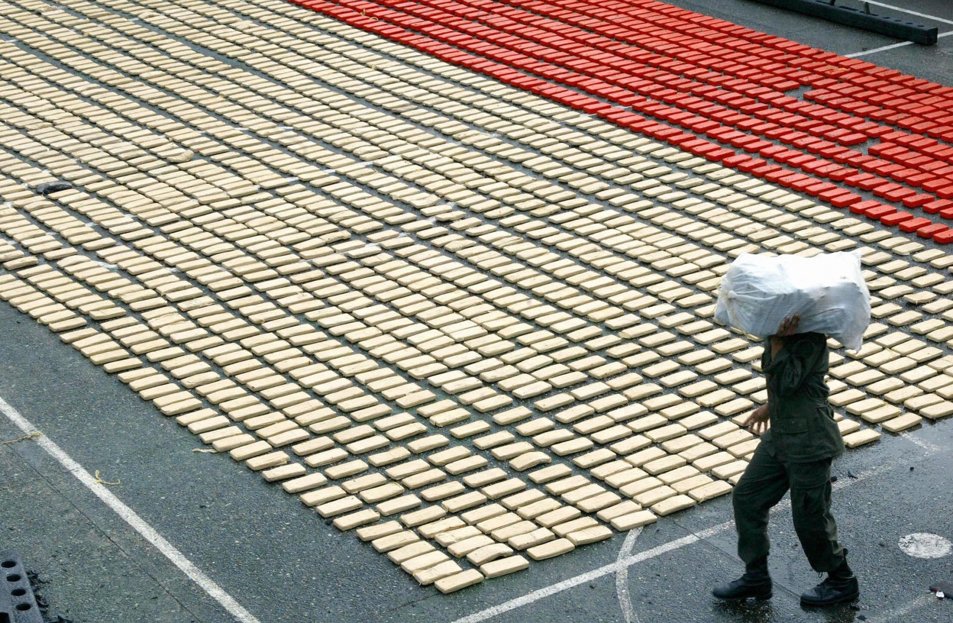 A narcotic policeman organizes 3.1 tons of hydrochloride of cocaine seized in the port of Buenaventura, Valle del Cauca department, Colombia.