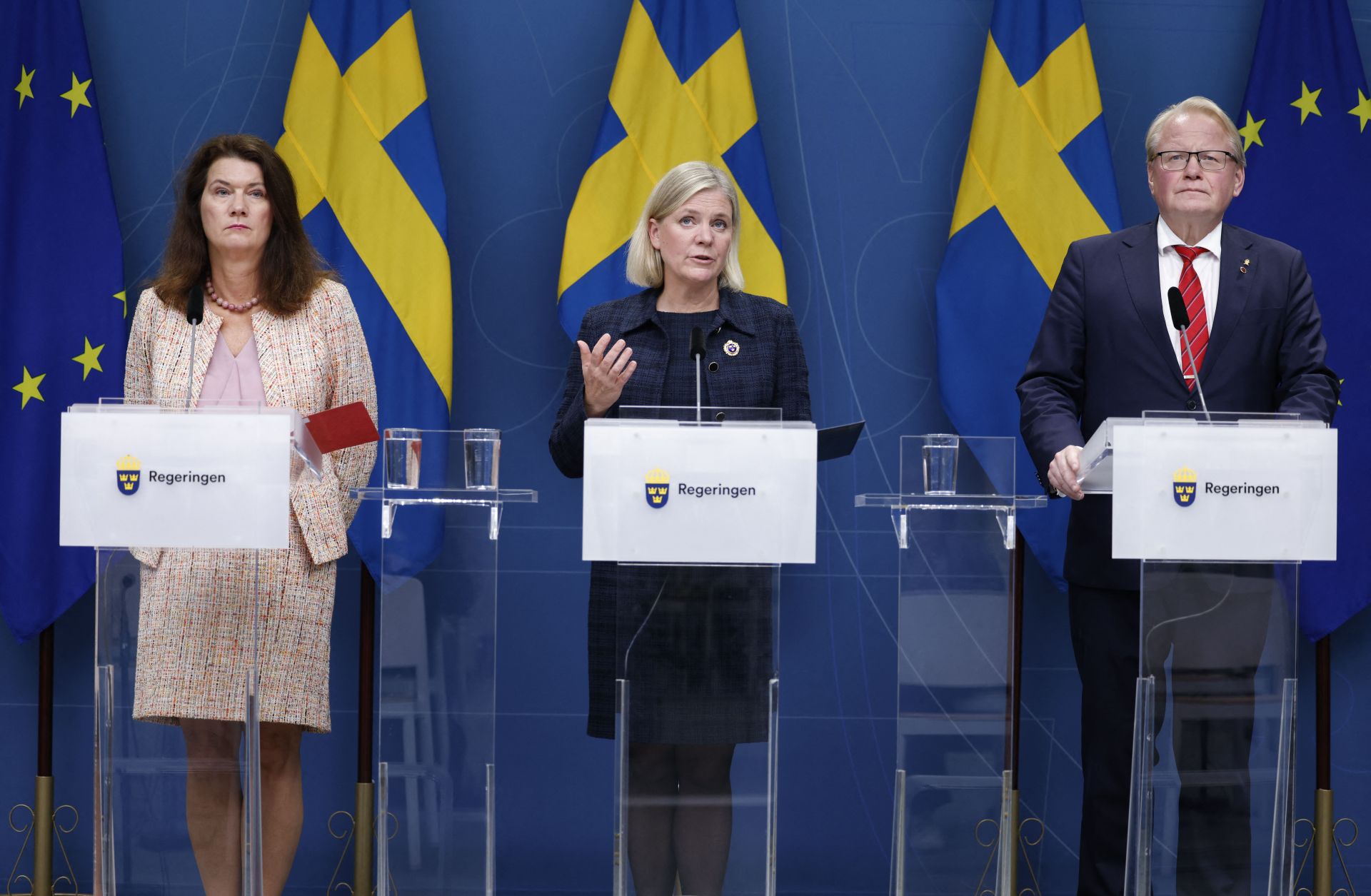 (L to R) Sweden's foreign minister, prime minister and defense minister hold a press conference in Stockholm on the gas leak found on the Nord Stream 1 pipeline in the Baltic Sea on Sept. 27, 2022. 