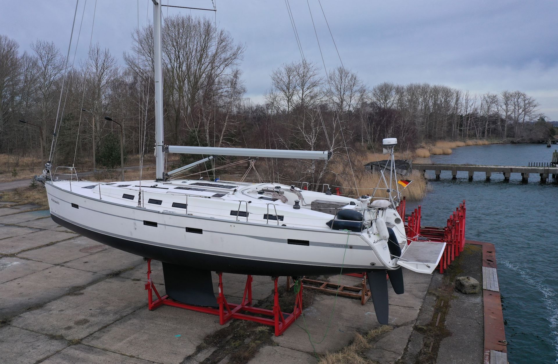 A recreational sailing yacht suspected of use in the sabotage of undersea gas pipelines stands in dry dock on the headland of Bug on Ruegen Island on March 17, 2023, near Dranske, Germany.