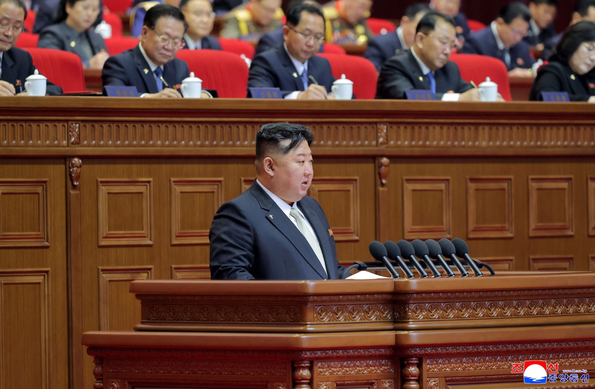 North Korean leader Kim Jong Un speaks during the Ninth Congress of the Workers' Party of Korea in Pyongyang, North Korea, on Feb. 22, 2026. 