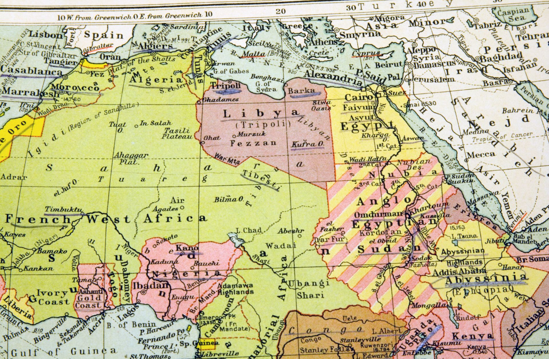 An old map labels African countries and regions by their colonial names.