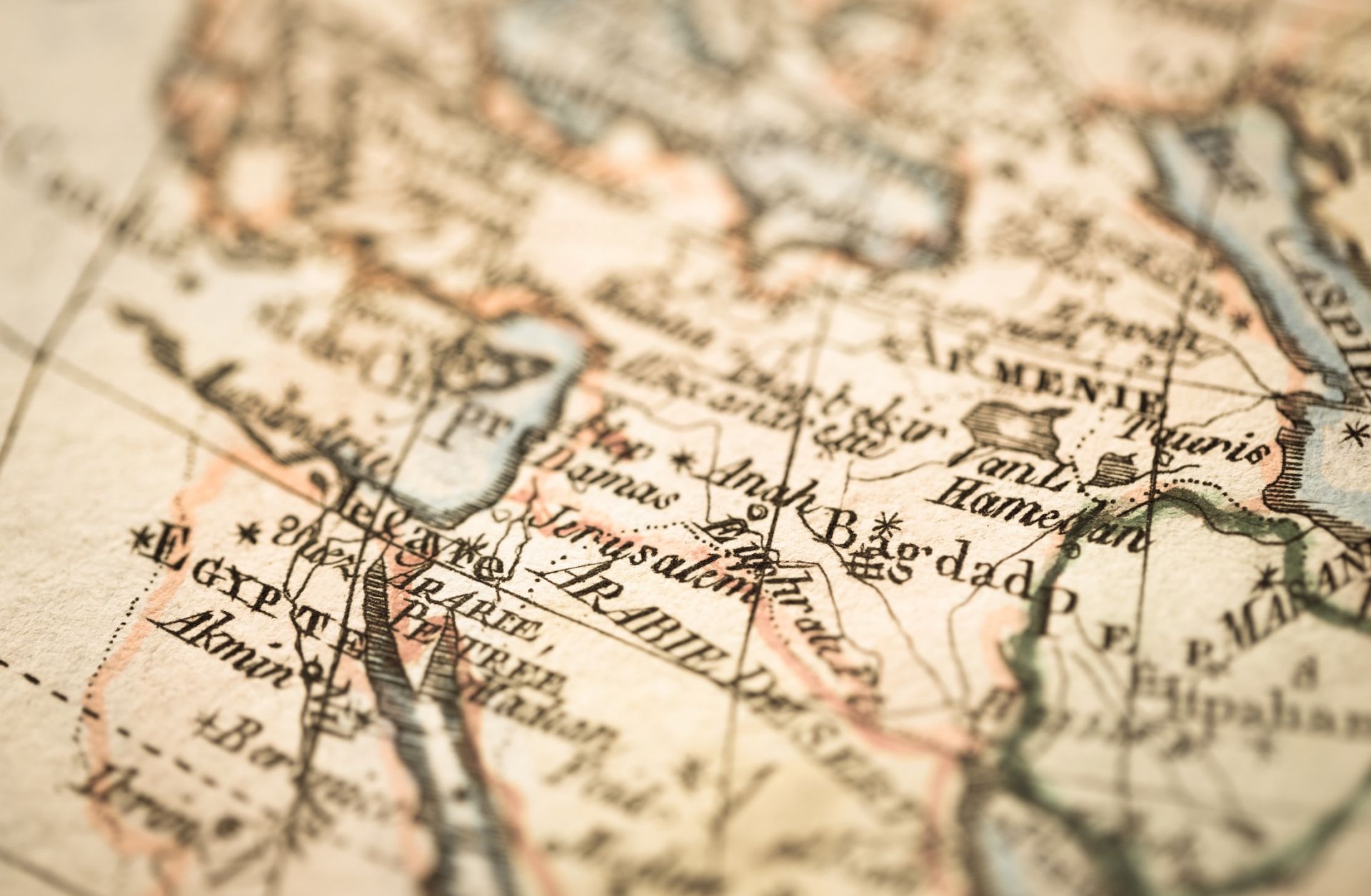 An antique map showing the area around modern-day Israel and the Palestinian territories. 
