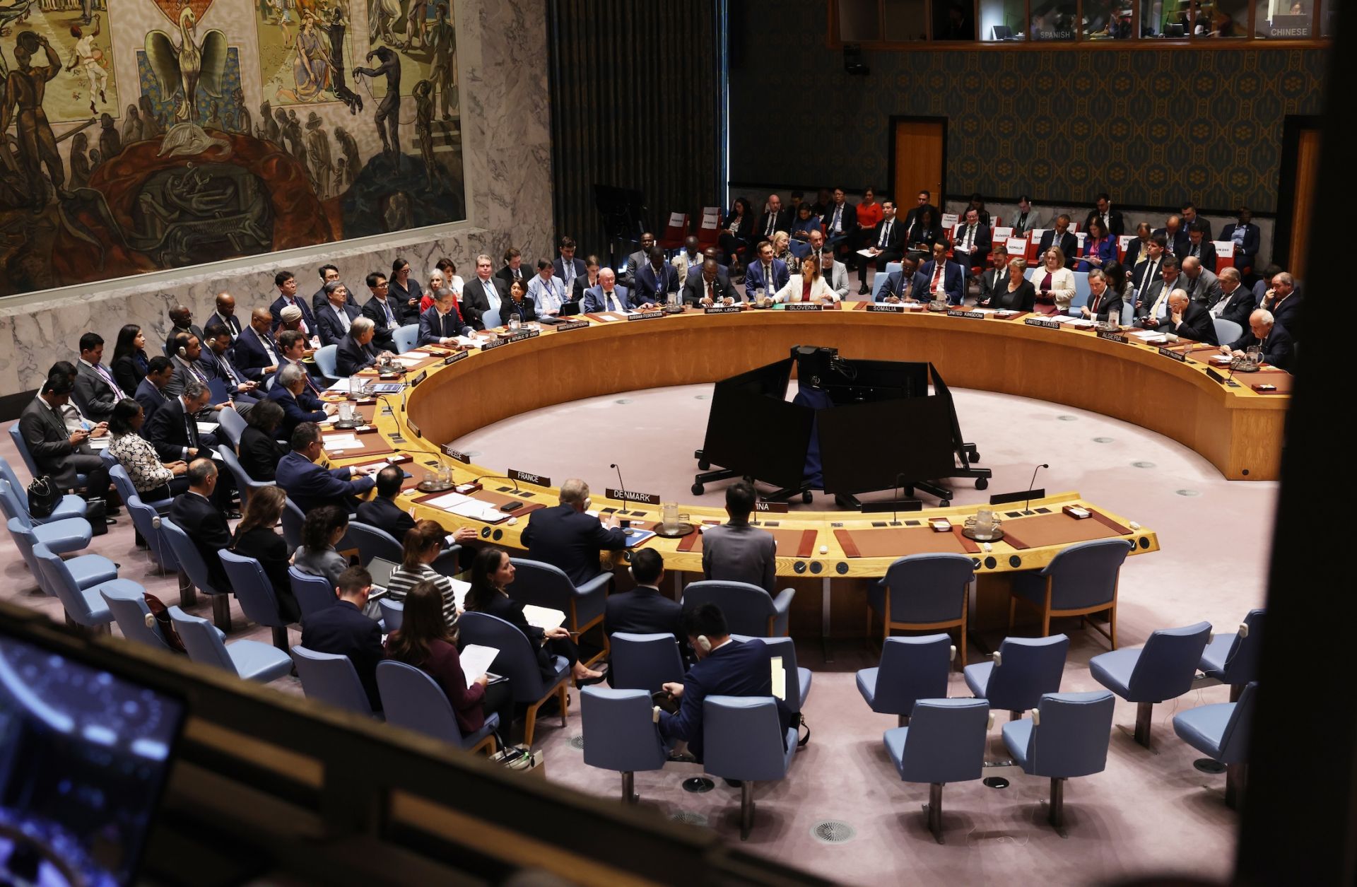 Dignitaries attend a U.N. Security Council meeting on the situation in the Middle East, including the question of Palestinian statehood, during the U.N. General Assembly on Sept. 23, 2025, in New York City. 