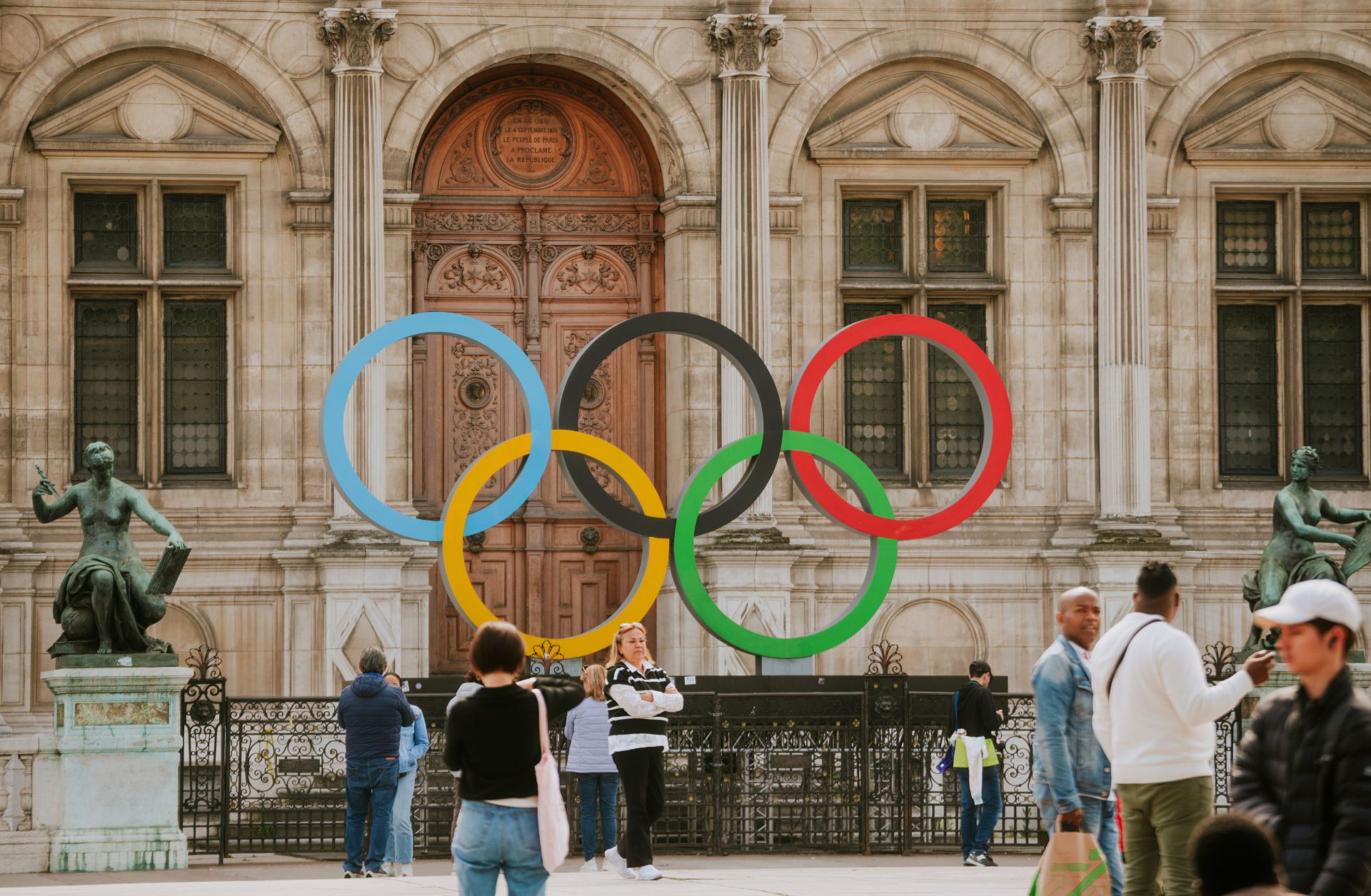 Olympic rings in front of the Hotel de Ville in Paris, France, on May 22, 2023.