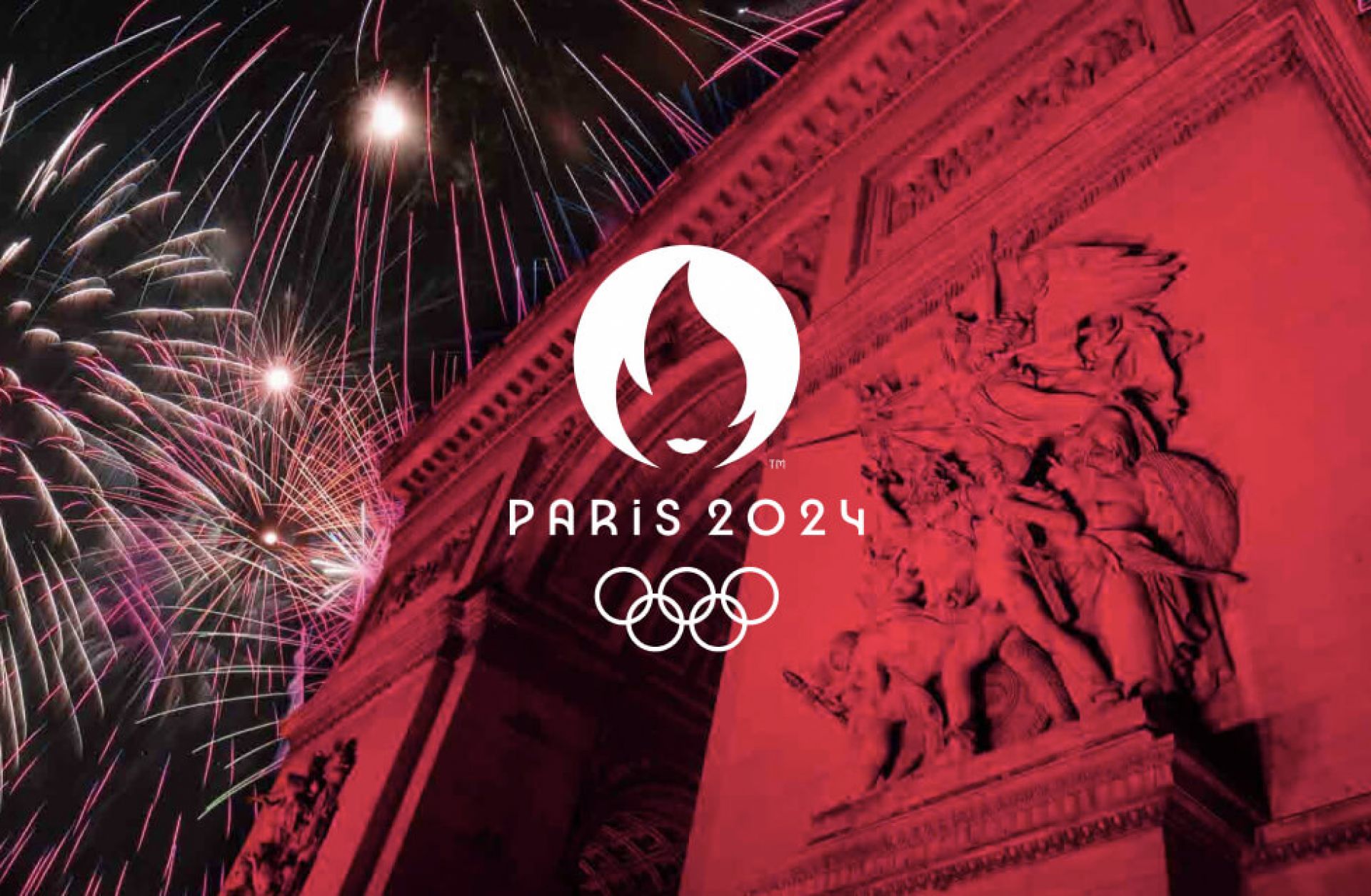 The 2024 Summer Olympic Games logo is superimposed on a photo of the Arc de Triomphe and fireworks in Paris, France.