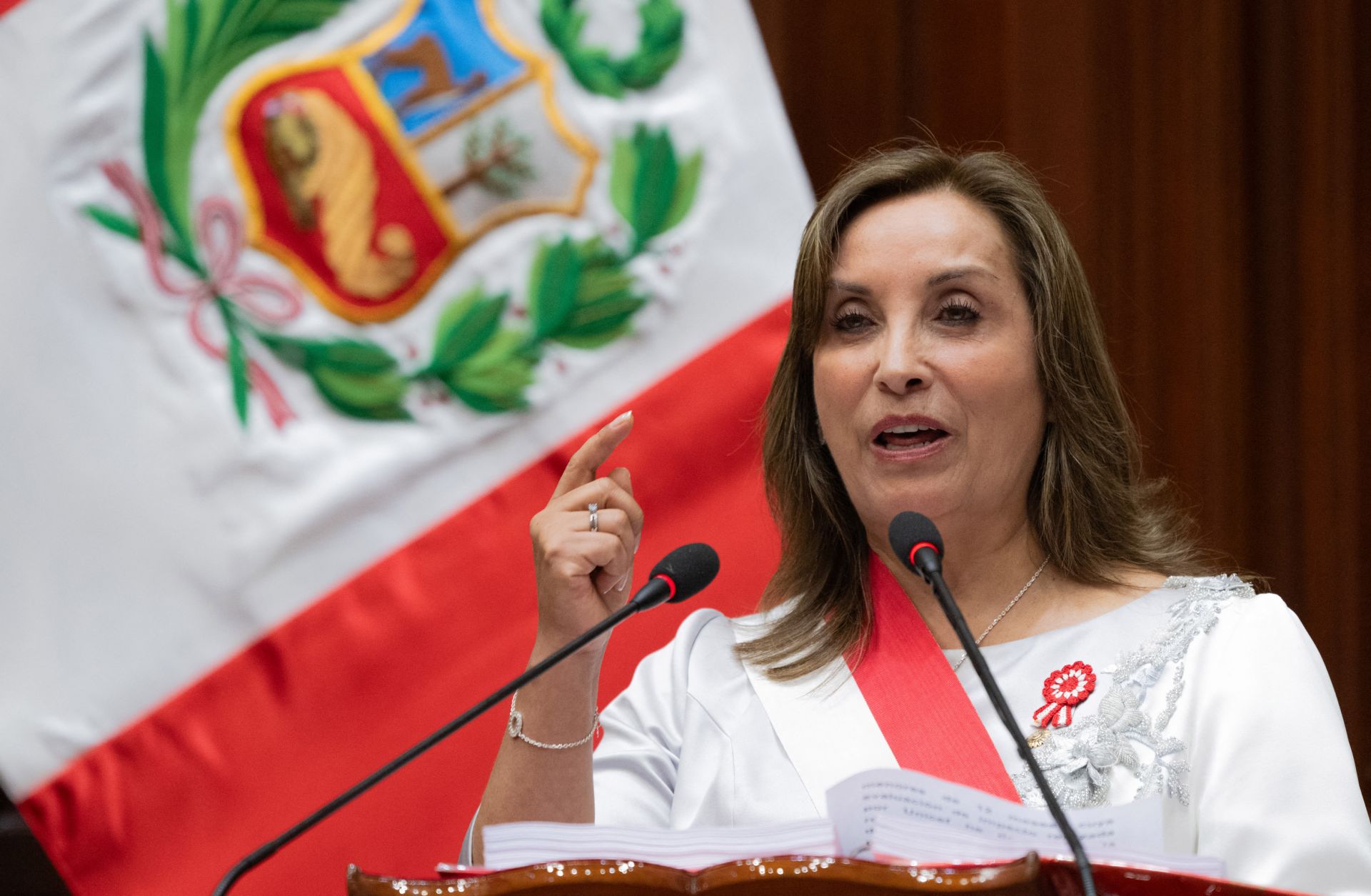 Peruvian President Dina Boluarte delivers an address in Lima on July 28, 2024. Peruvian President Dina Boluarte delivers an address in Lima on July 28, 2024.