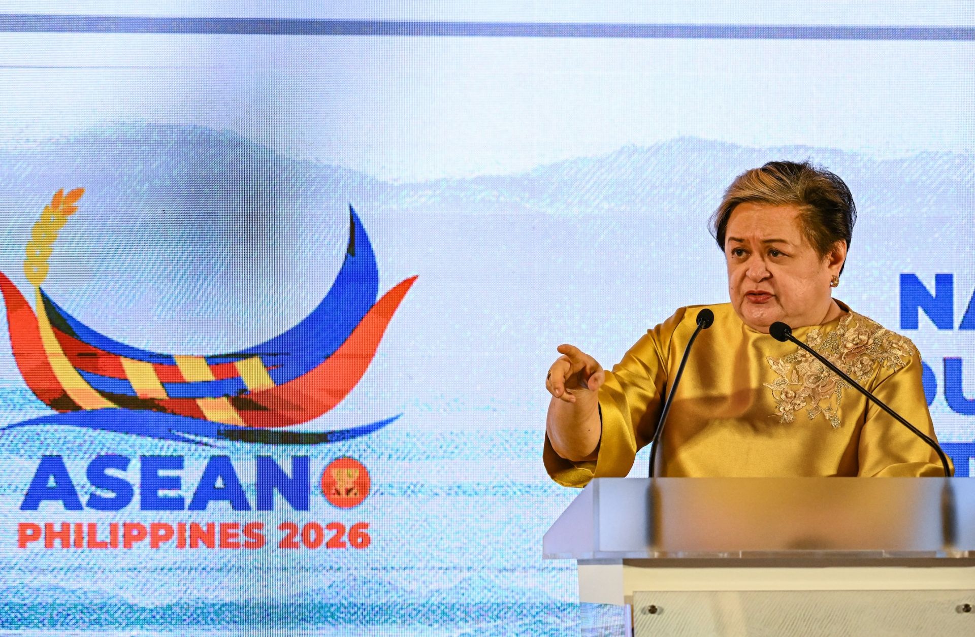 Philippine Foreign Minister Theresa Lazaro speaks at a press conference during a Southeast Asian Nations (ASEAN) meeting in Cebu City, the Philippines, on Jan. 29, 2026.