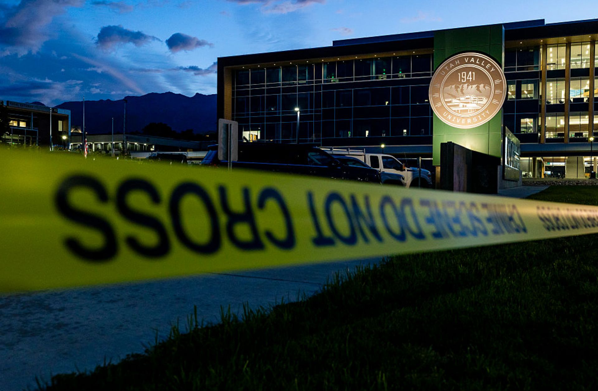 Police tape hangs in front of Utah Valley University following the fatal shooting of political activist Charlie Kirk during an event at the campus Sept. 12, 2025 in Orem, Utah.