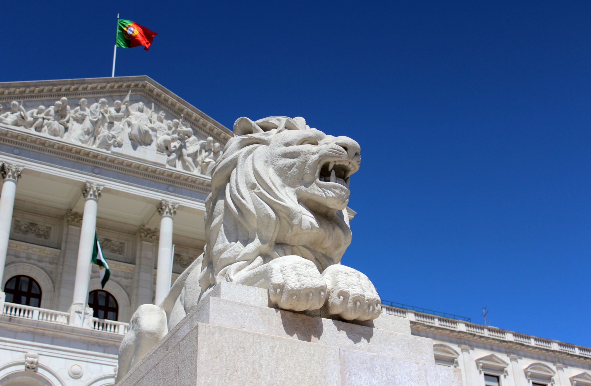 The outside of the Portuguese parliament building is seen in Lisbon, Portugal.