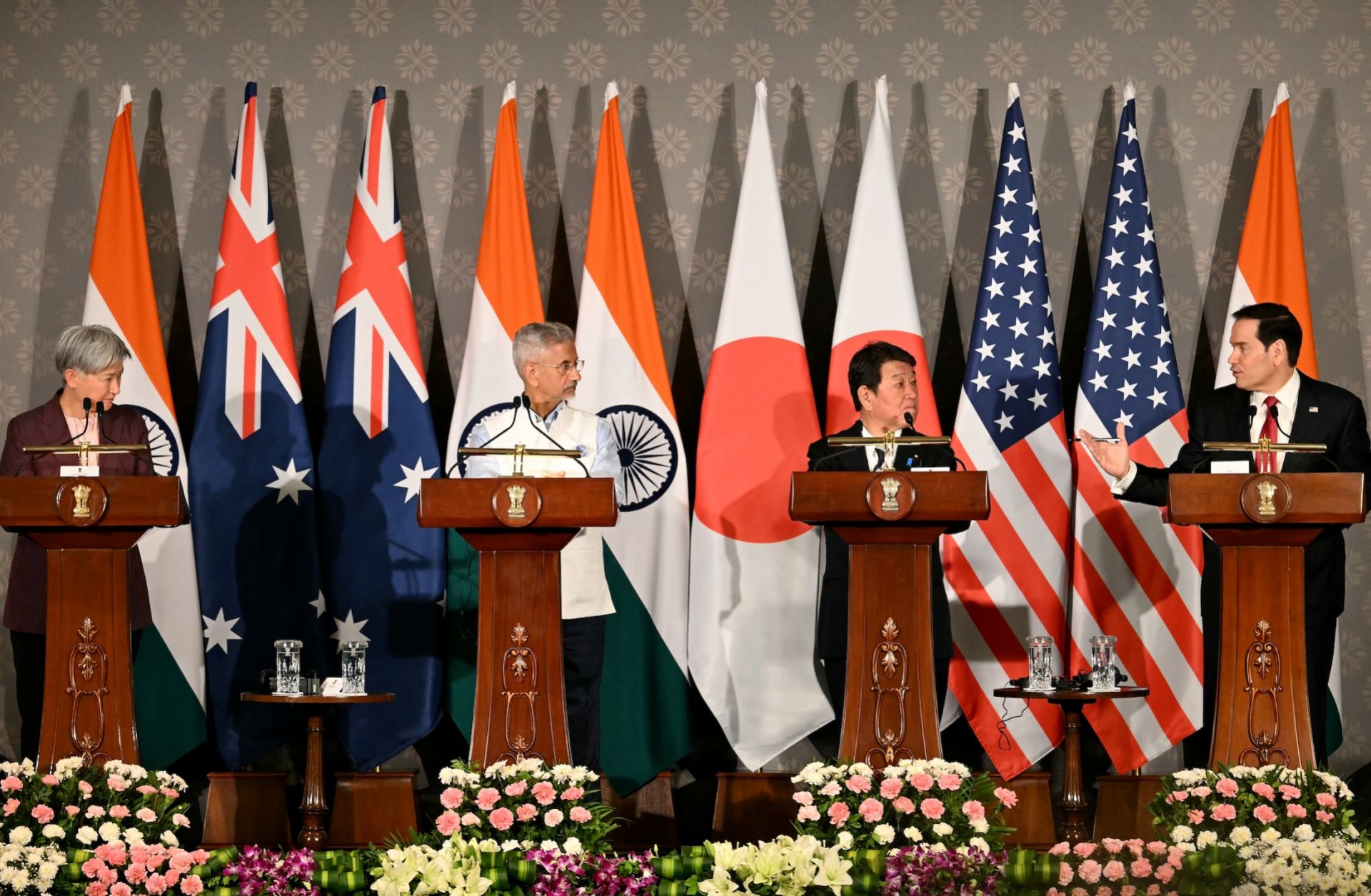 (From left to right) Australian Foreign Minister Penny Wong, Indian Foreign Minister Subrahmanyam Jaishankar, Japanese Foreign Minister Toshimitsu Motegi and U.S. Secretary of State Marco Rubio hold a joint press conference after their Quad meeting in New Delhi on May 26, 2026.