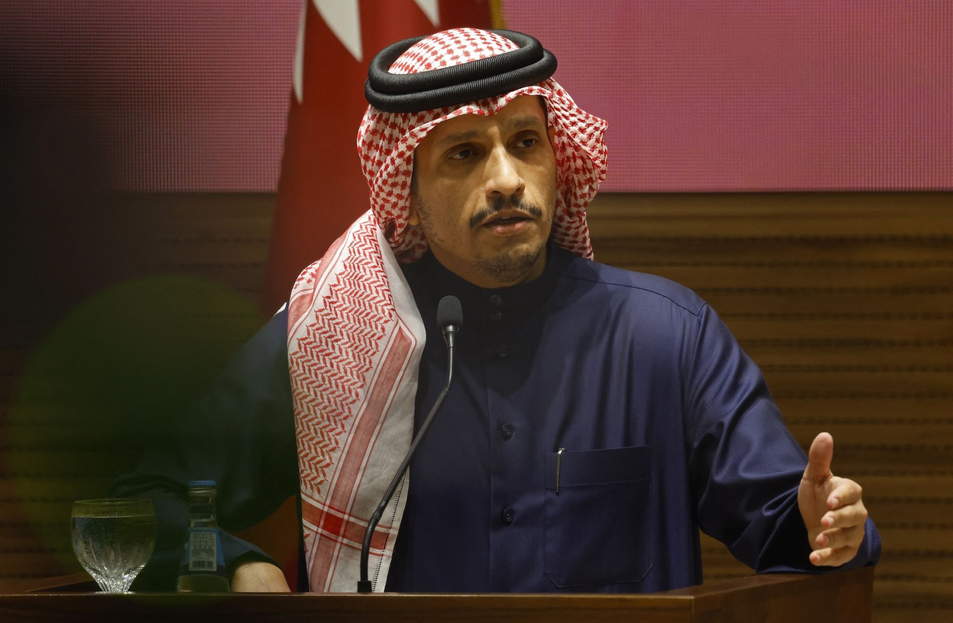 Qatari Prime Minister Sheikh Mohammed bin Abdulrahman Al Thani holds a press conference in Doha on Jan. 15, 2025, after Israel and Hamas agreed to a ceasefire in Gaza.