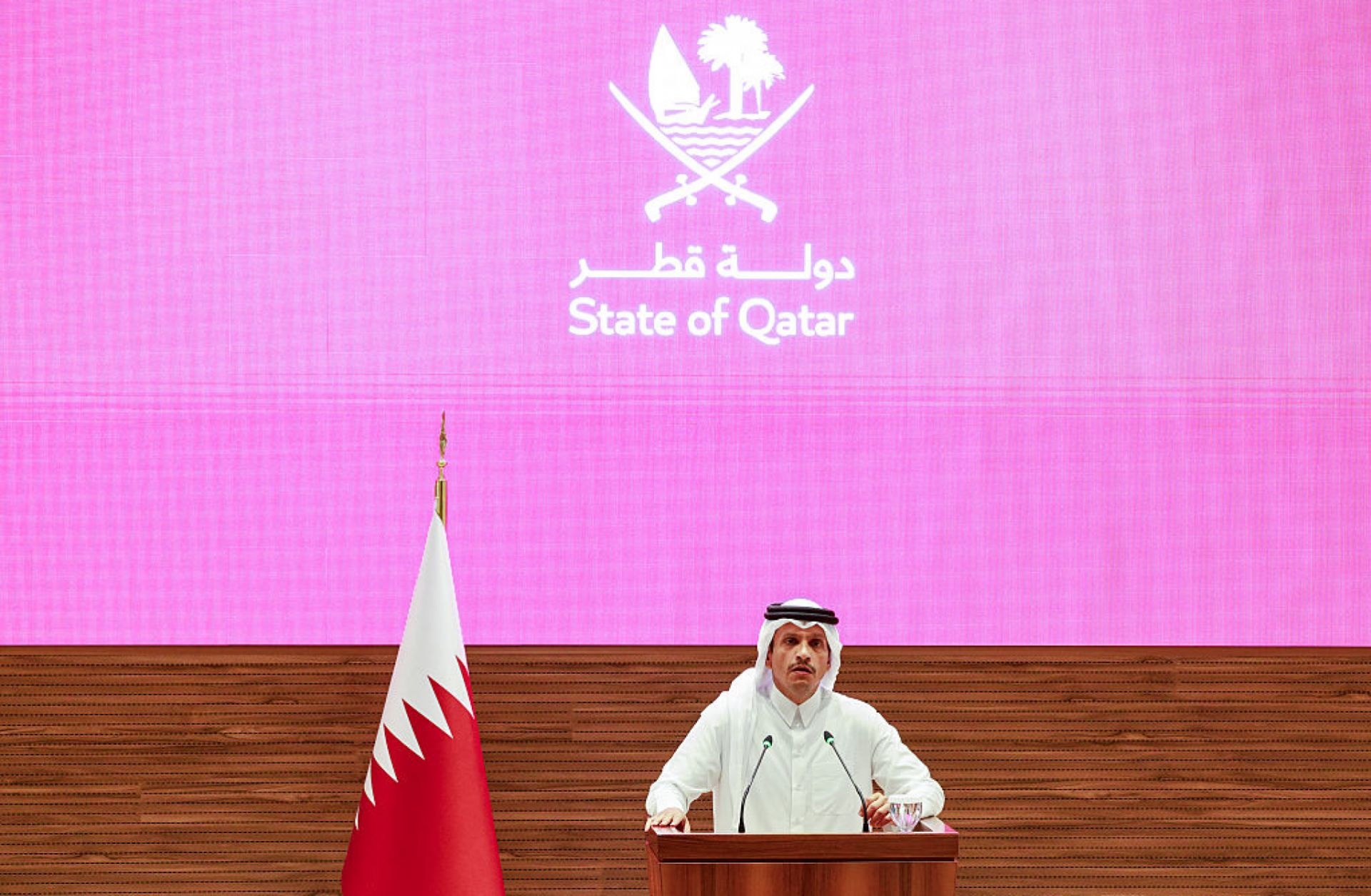 Qatar's Prime Minister and Foreign Minister Sheikh Mohammed bin Abdulrahman al-Thani addresses a press conference following Israeli strikes in Doha on Sept. 9, 2025. 