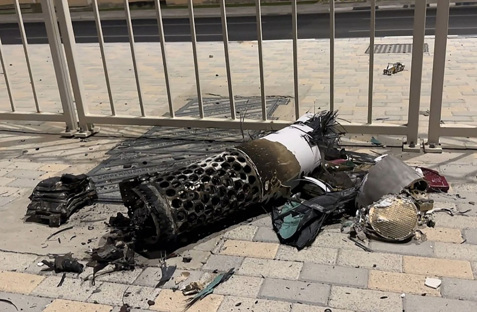 A photo taken on June 23, 2025, shows the remnants of an Iranian missile intercepted over Qatar. A photo taken on June 23, 2025, shows the remnants of an Iranian missile intercepted over Qatar.