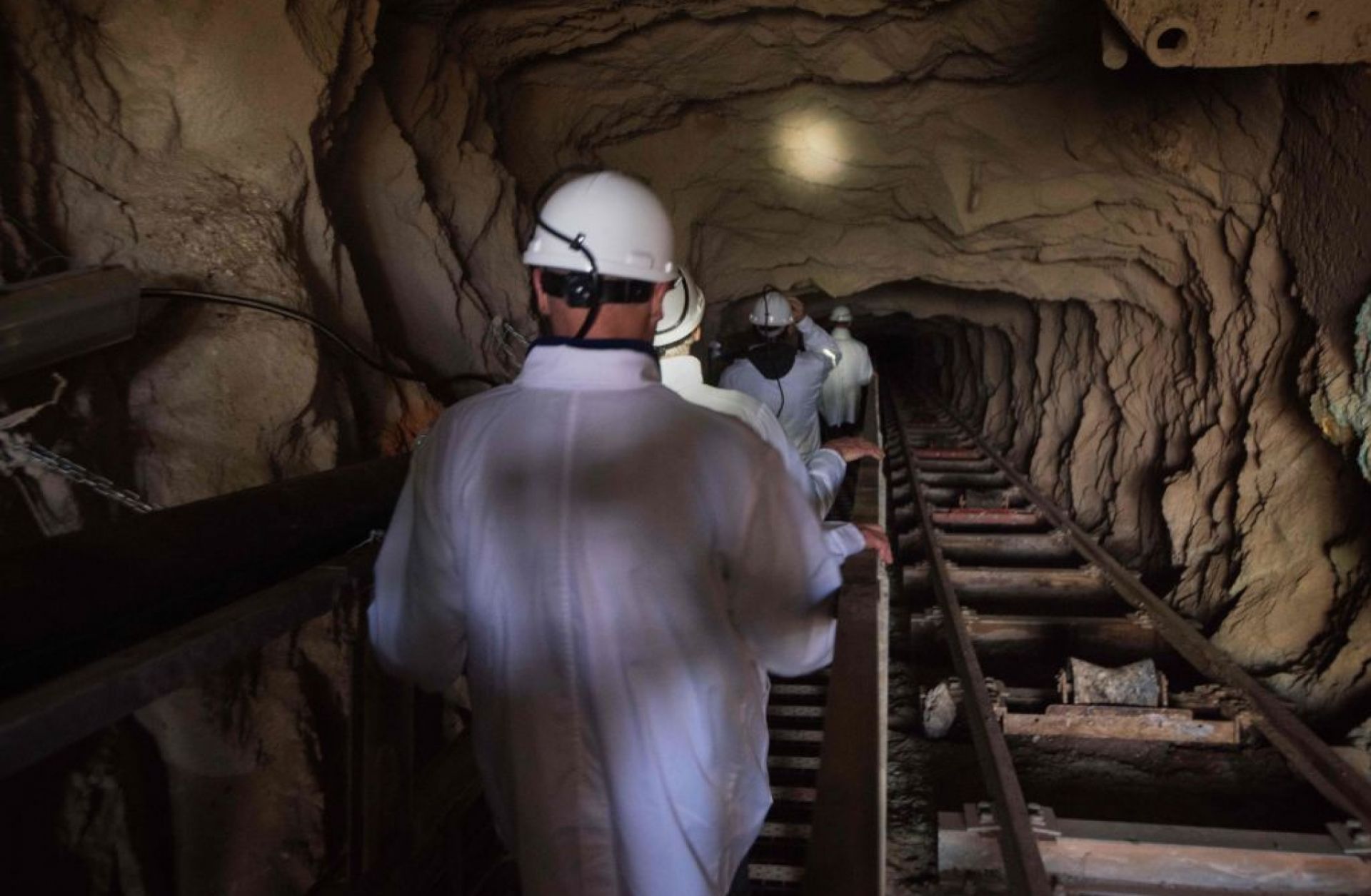 Visitors walk down the inclined shaft at Steenkampskraal rare-earth mine on July 29, 2019, about 80 kilometers (about 50 miles) from Vanrhynsdorp, a town in Western Cape province, South Africa. Visitors walk down the inclined shaft at Steenkampskraal rare-earth mine on July 29, 2019, about 80 kilometers (about 50 miles) from Vanrhynsdorp, a town in Western Cape province, South Africa.
