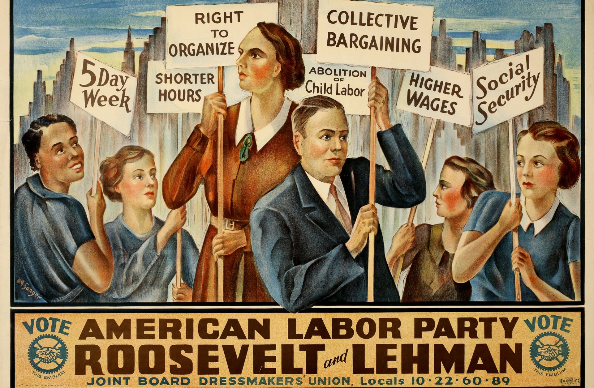 Signs in the labor poster call for a five-day week, shorter hours, the right to organize, abolition of child labor, collective bargaining, higher wages and social security.