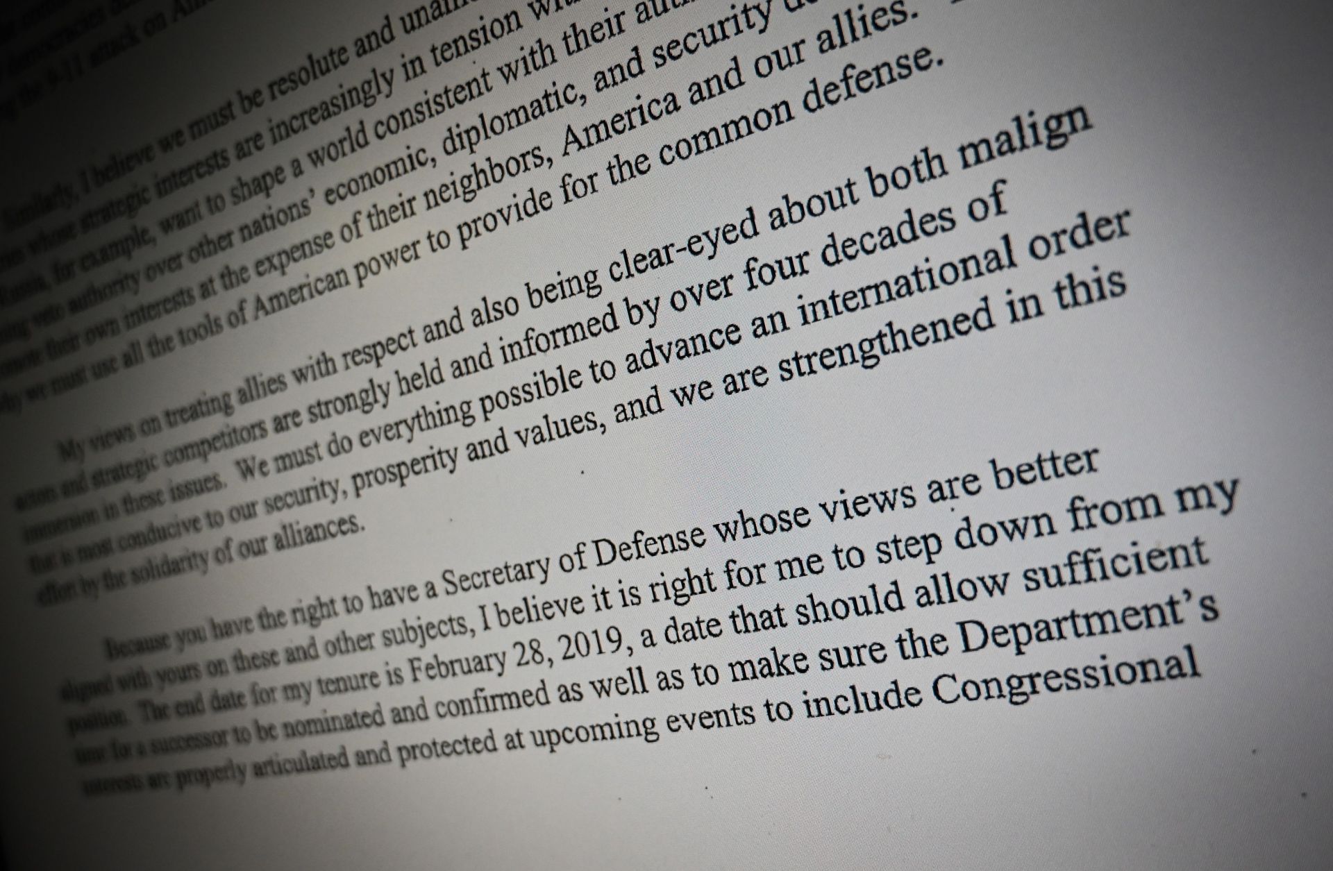 An image of the resignation letter U.S. Defense Secretary James Mattis sent to President Donald Trump on Dec. 20, 2018.