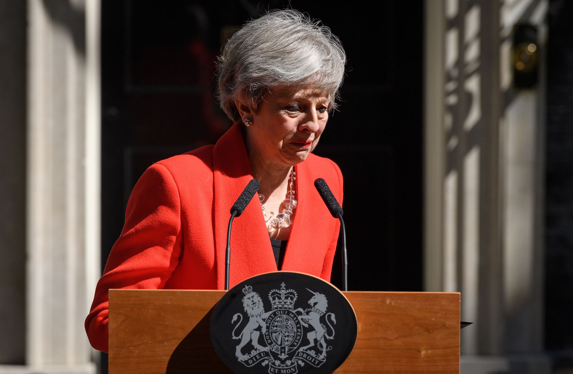 British Prime Minister Theresa May announces her resignation, effective June 7, 2019, outside 10 Downing Street in London on May 24, 2019.