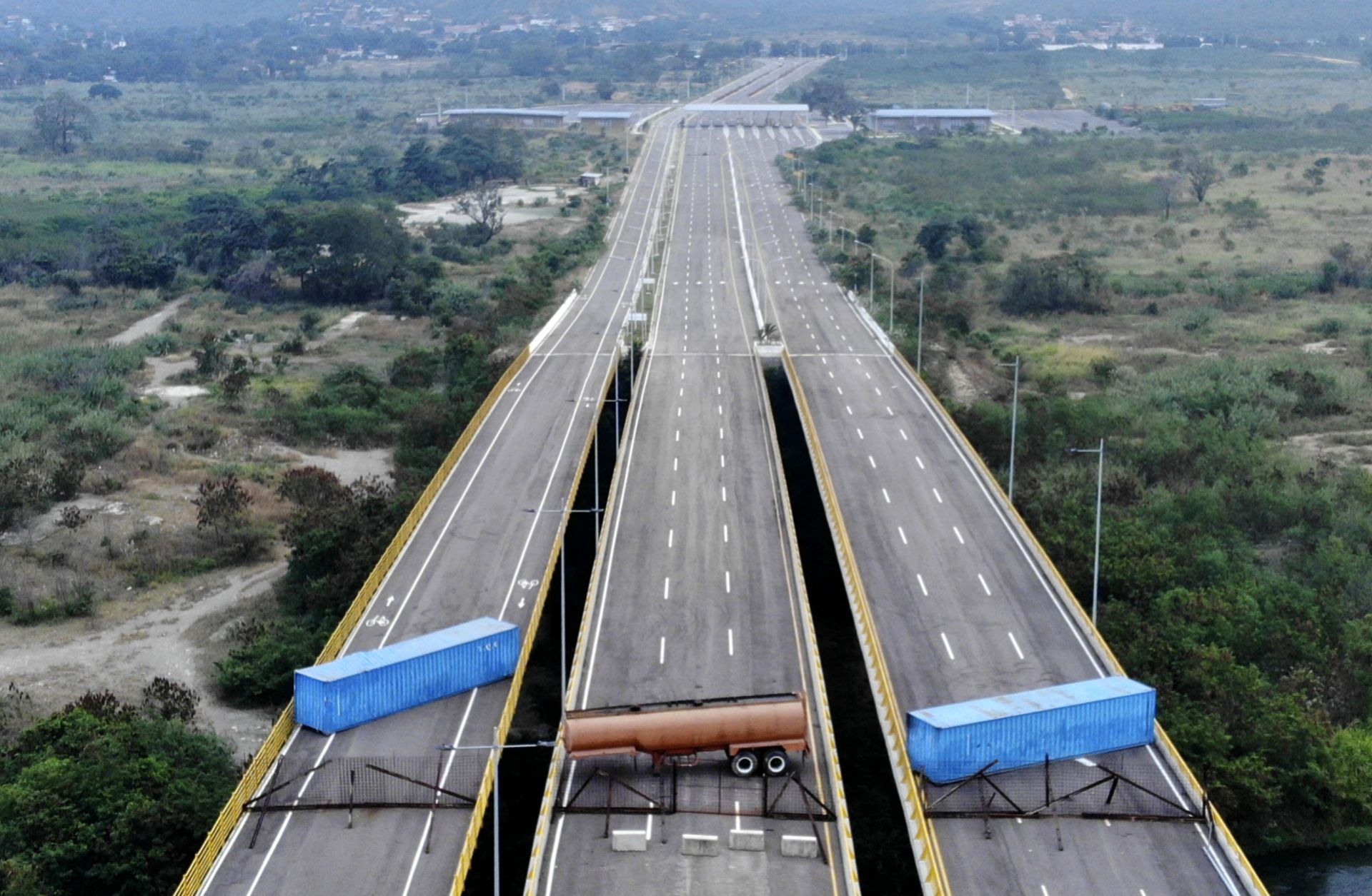 The Venezuelan military blocked the Tienditas International Bridge on the Colombian border on Feb. 5, 2019, to prevent aid supplies from entering the country.