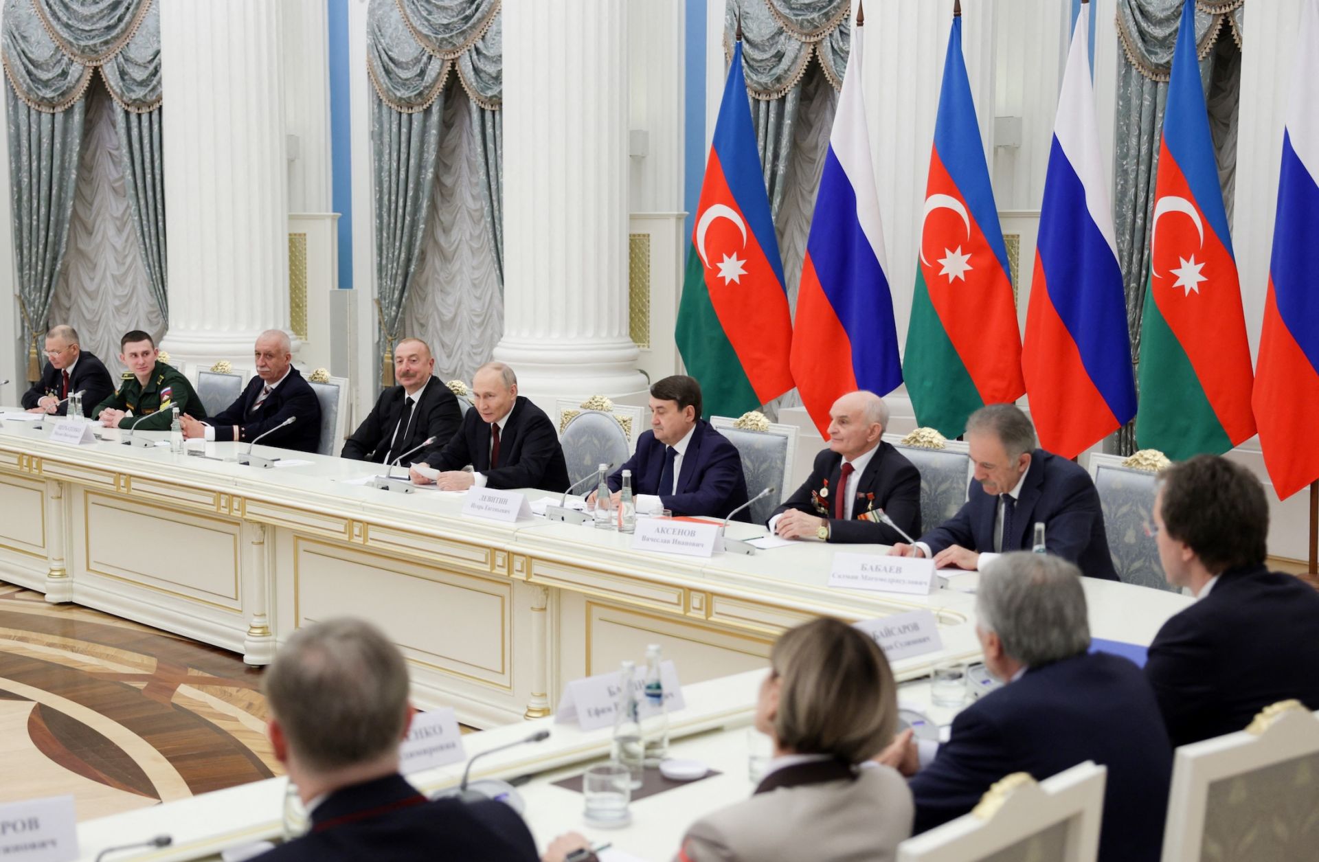 Azerbaijani President Ilham Aliyev (4th from left) and Russian President Vladimir Putin (5th from left) attend a meeting in Moscow on April 22, 2024. Azerbaijani President Ilham Aliyev (4th from left) and Russian President Vladimir Putin (5th from left) attend a meeting in Moscow on April 22, 2024.