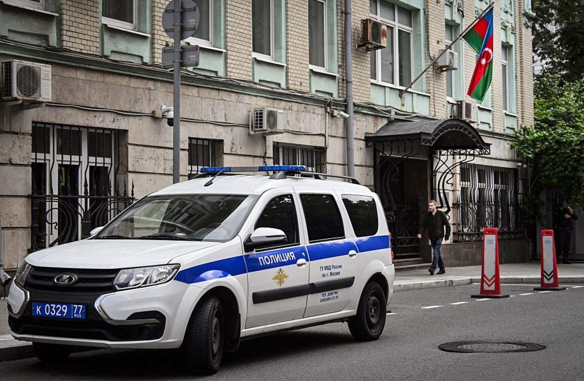 A man walks past Azerbaijan's Embassy in Moscow on July 2, 2025. 