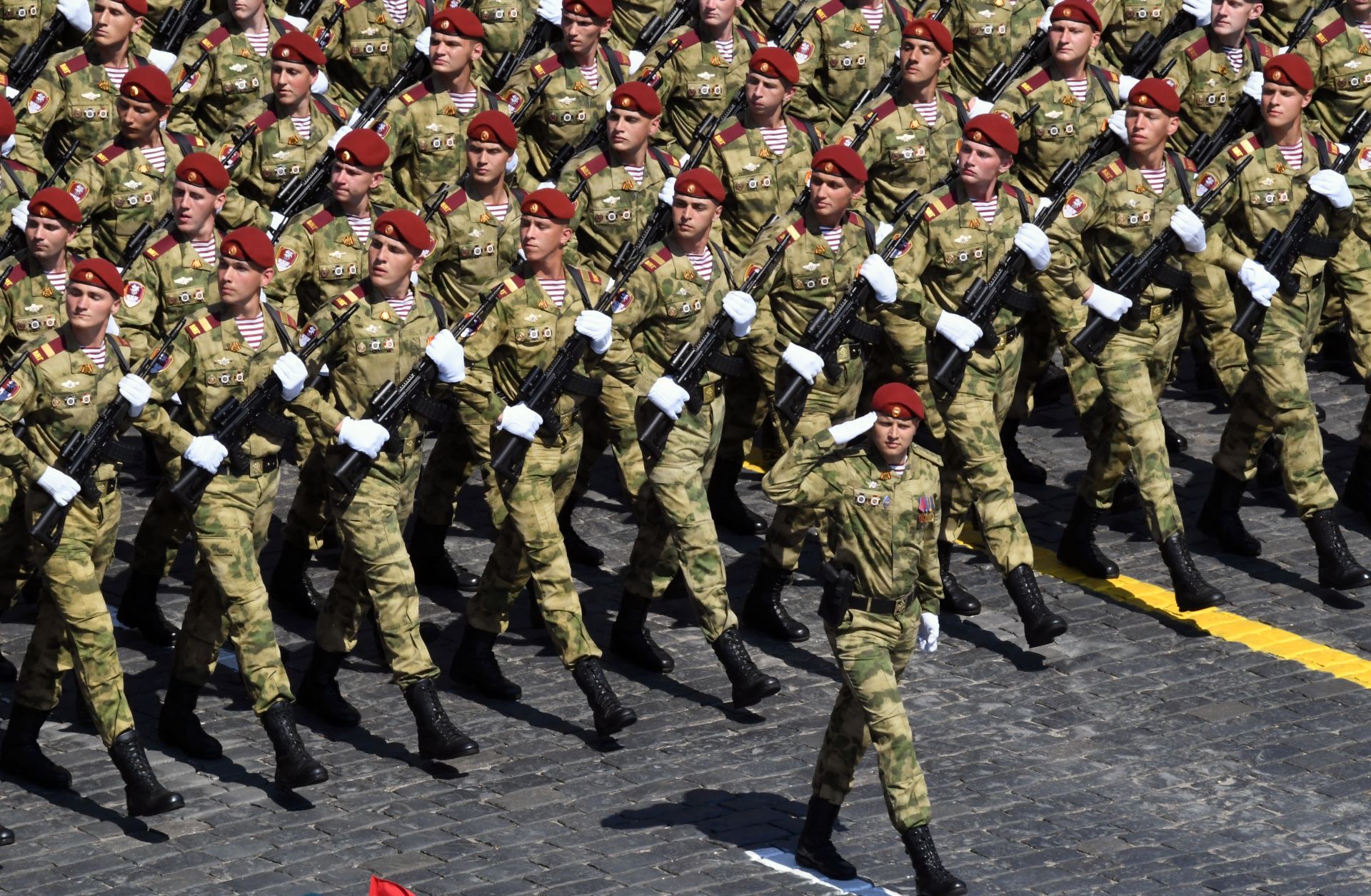 Russian soldiers march during a military parade marking the 75th anniversary of Russia’s victory in World War II on June 24, 2020, in Moscow, Russia. 