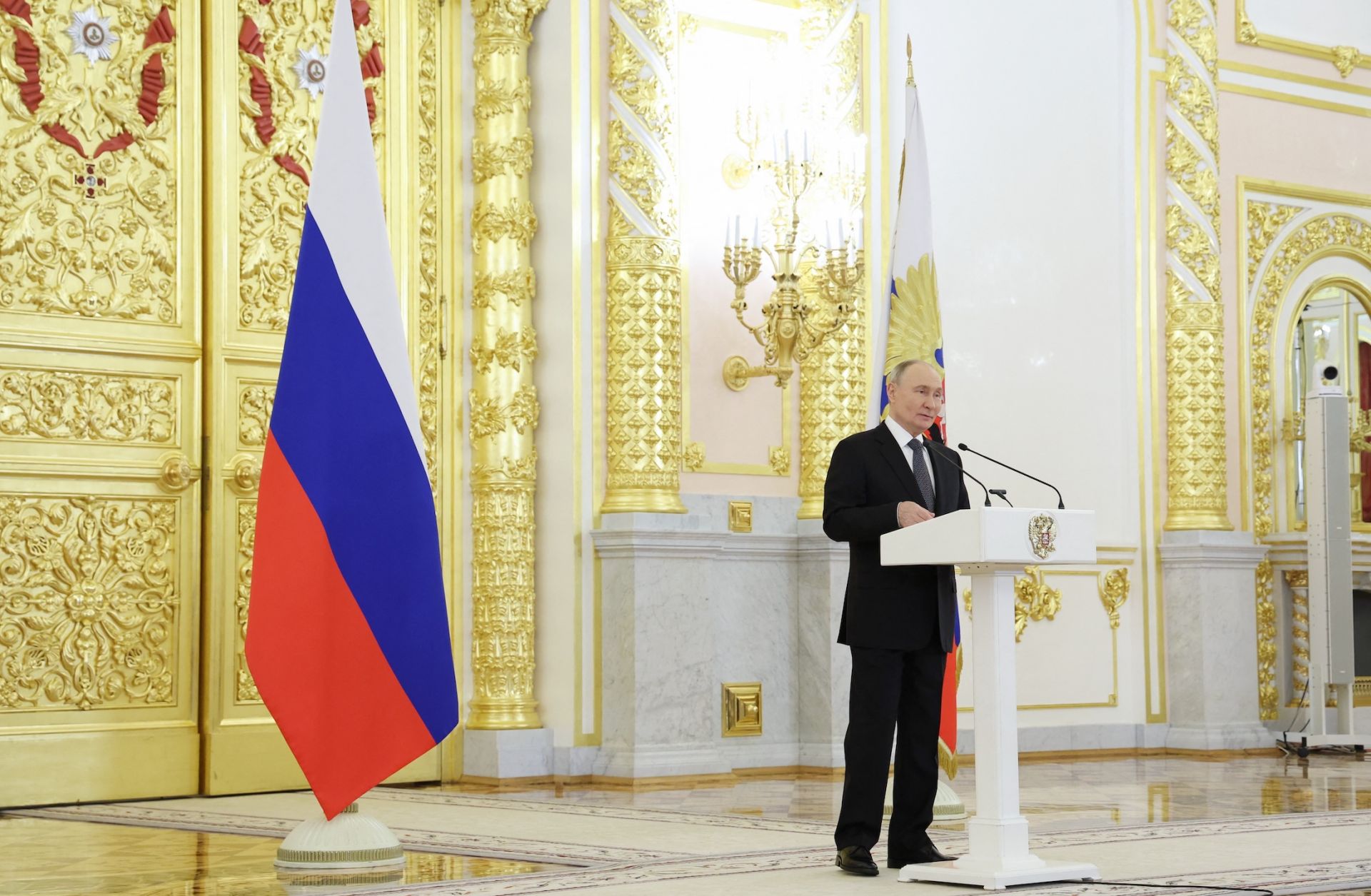 Russian President Vladimir Putin gives a speech during a state awards ceremony at the Kremlin in Moscow on Dec. 16, 2024.