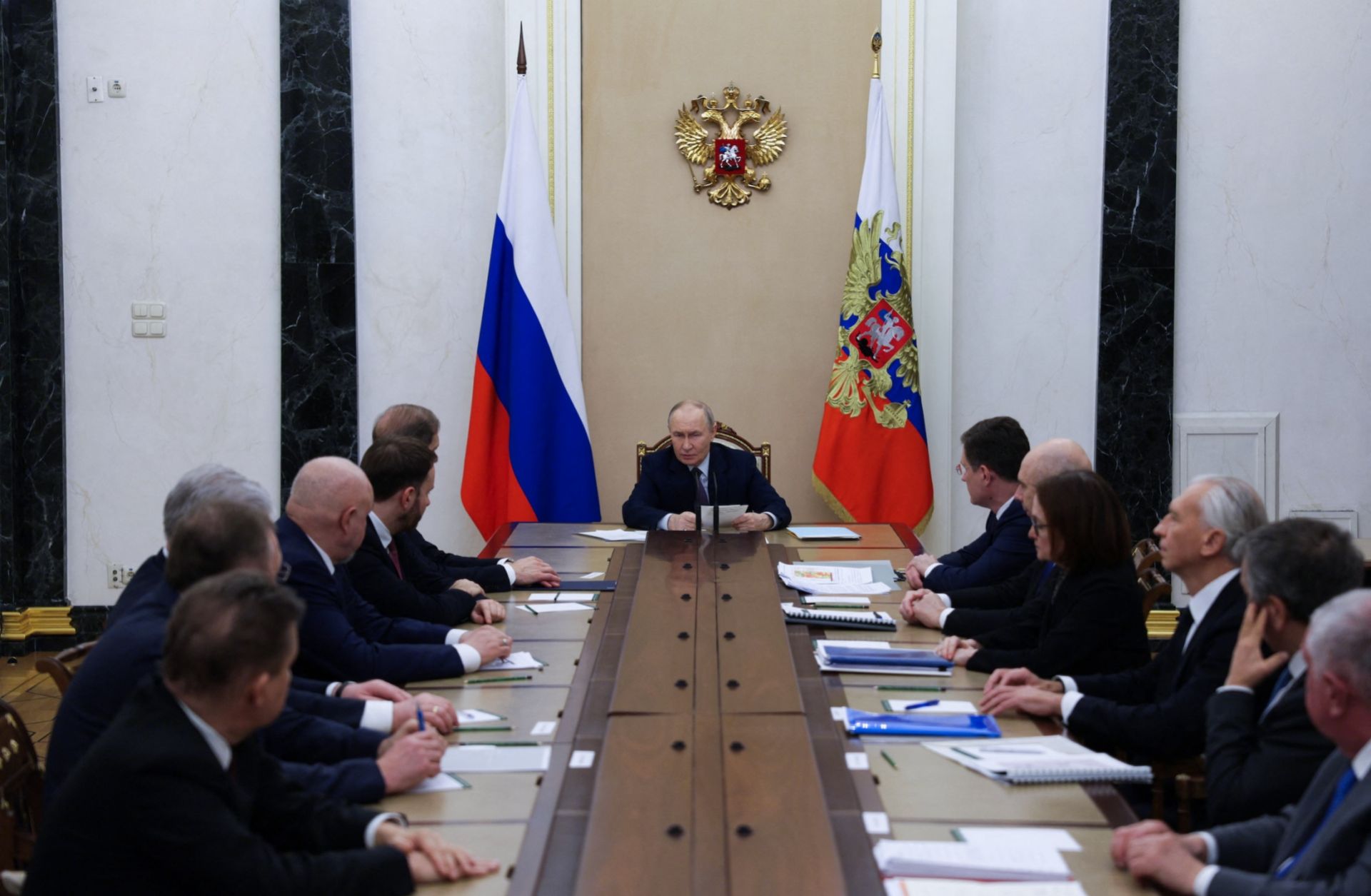 Russian President Vladimir Putin holds a meeting in Moscow on the global oil and gas market situation on March 9, 2026.