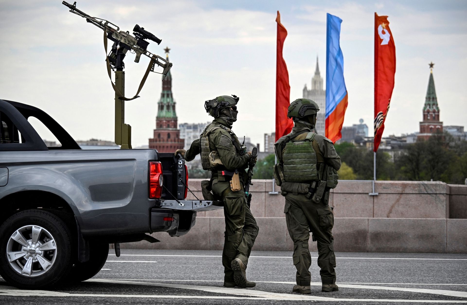 Russian officers patrol central Moscow on May 5, 2026, in front of the Kremlin, a few days ahead of the Victory Day military parade, to be held at Red Square on May 9. 