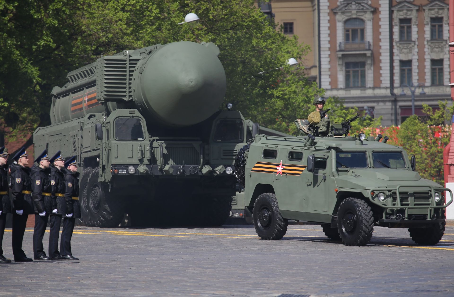 A Russian RS-24 Yars nuclear missile complex arrives during the main rehearsals of the Victory Day military parade in Moscow's Red Square on May 5, 2024.