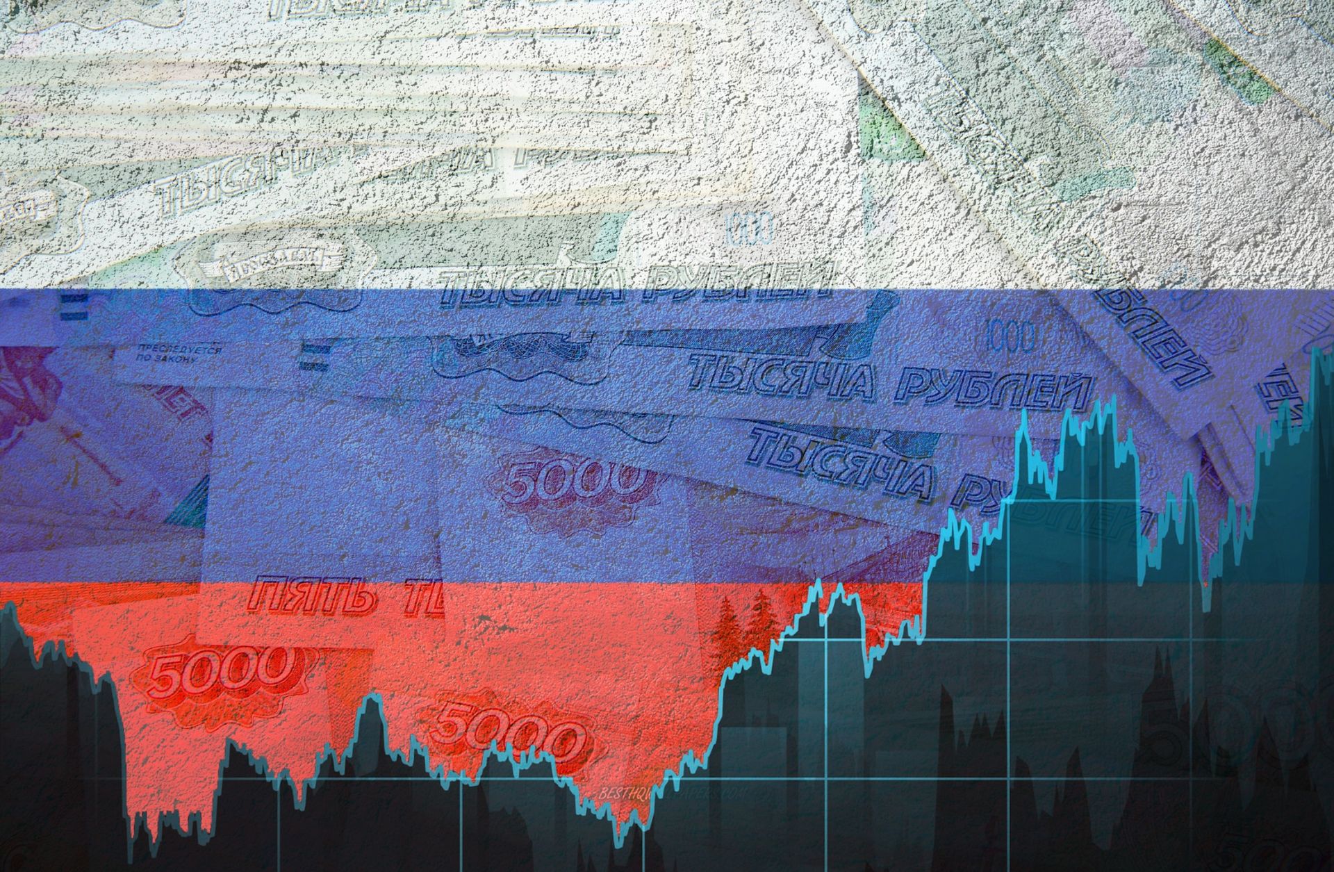 A graph of the ruble exchange rate against the background of the Russian flag and paper banknotes. A graph of the ruble exchange rate against the background of the Russian flag and paper banknotes.