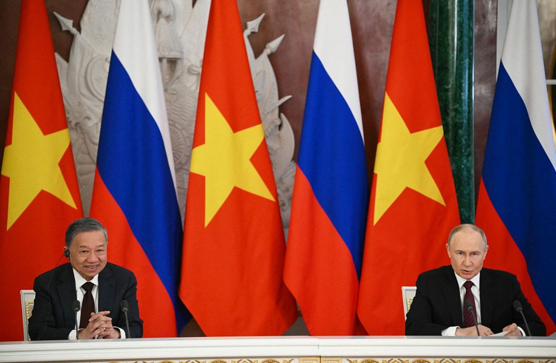Russian President Vladimir Putin (R) and Vietnamese Communist Party General Secretary To Lam (L) address journalists following their talks in Moscow, Russia, on May 10, 2025, during celebrations of the 80th anniversary of the Soviet Union's victory over Nazi Germany in World War II. Russian President Vladimir Putin (R) and Vietnamese Communist Party General Secretary To Lam (L) address journalists following their talks in Moscow, Russia, on May 10, 2025, during celebrations of the 80th anniversary of the Soviet Union's victory over Nazi Germany in World War II.
