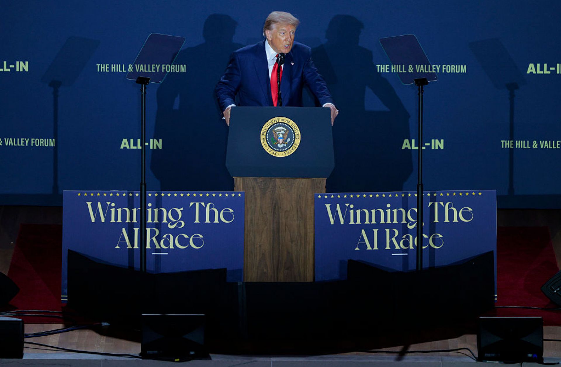 U.S. President Donald Trump speaks during the "Winning the AI Race" summit hosted by All‑In Podcast and Hill & Valley Forum at the Andrew W. Mellon Auditorium on July 23, 2025, in Washington, D.C. U.S. President Donald Trump speaks during the "Winning the AI Race" summit hosted by All‑In Podcast and Hill & Valley Forum at the Andrew W. Mellon Auditorium on July 23, 2025, in Washington, D.C.