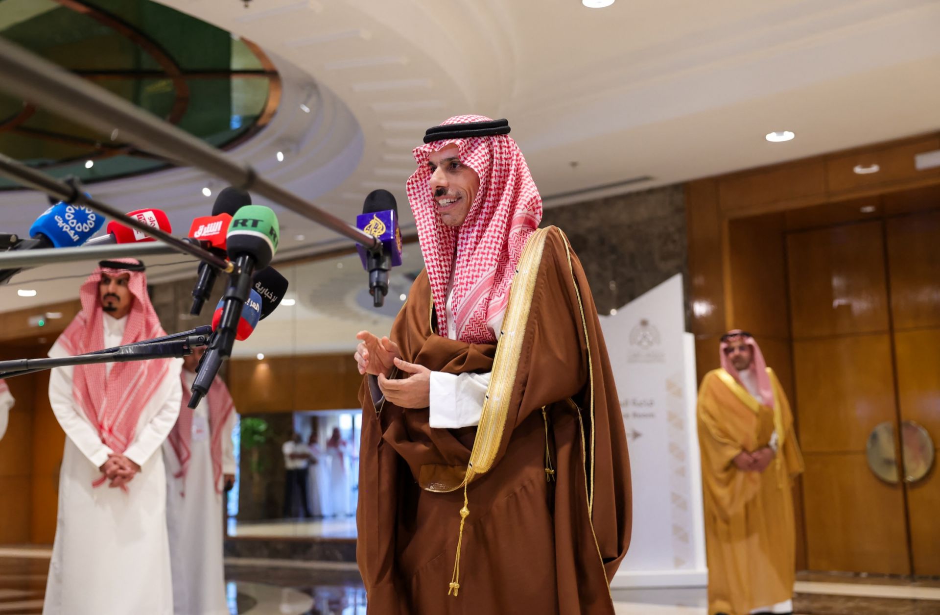 Saudi Foreign Minister Prince Faisal bin Farhan speaks to journalists in Riyadh before the first meeting of Saudi Arabia's new global alliance to push for Palestinian statehood on Oct. 30, 2024. 