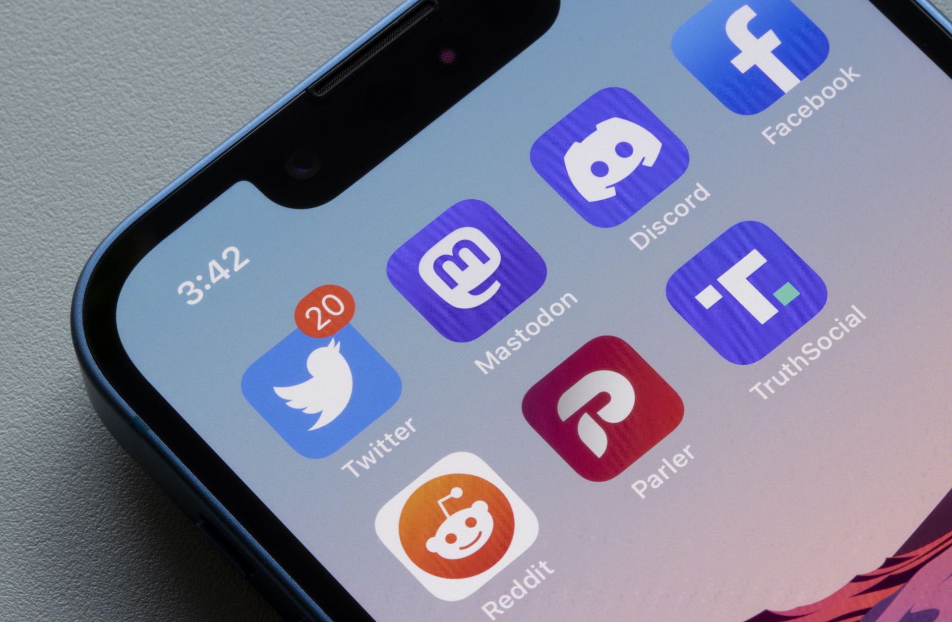 App icons of social media platforms Twitter, Mastodon, Discord, Facebook, Reddit, Parler and Truth Social, are seen on an iPhone. App icons of social media platforms Twitter, Mastodon, Discord, Facebook, Reddit, Parler and Truth Social, are seen on an iPhone.