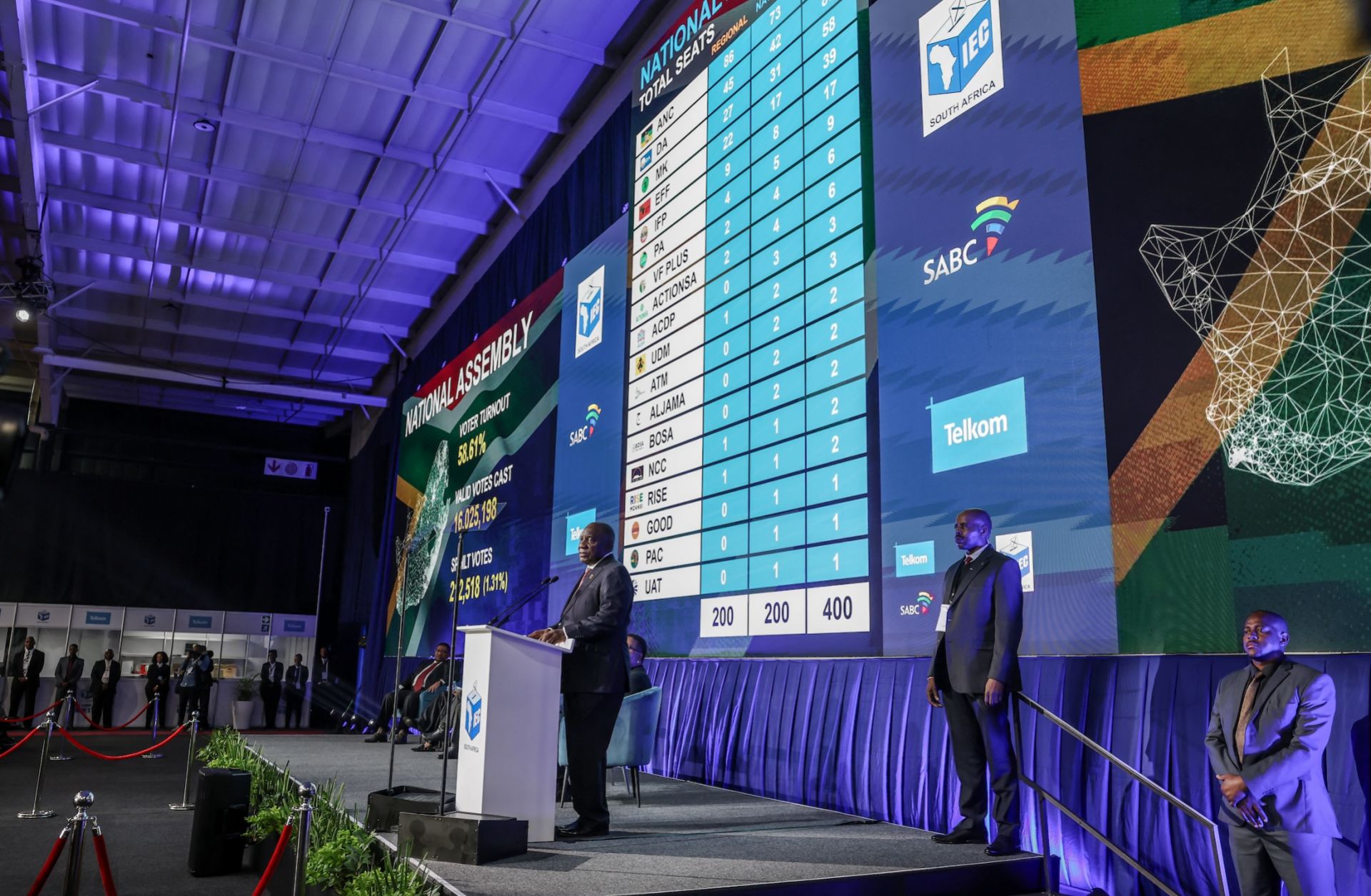 South African President and leader of the African National Congress (ANC) Cyril Ramaphosa (center) delivers his remarks after the official announcement of the results of South Africa's general election at the Gallagher Convention Centre in Midrand, on June 2, 2024. 