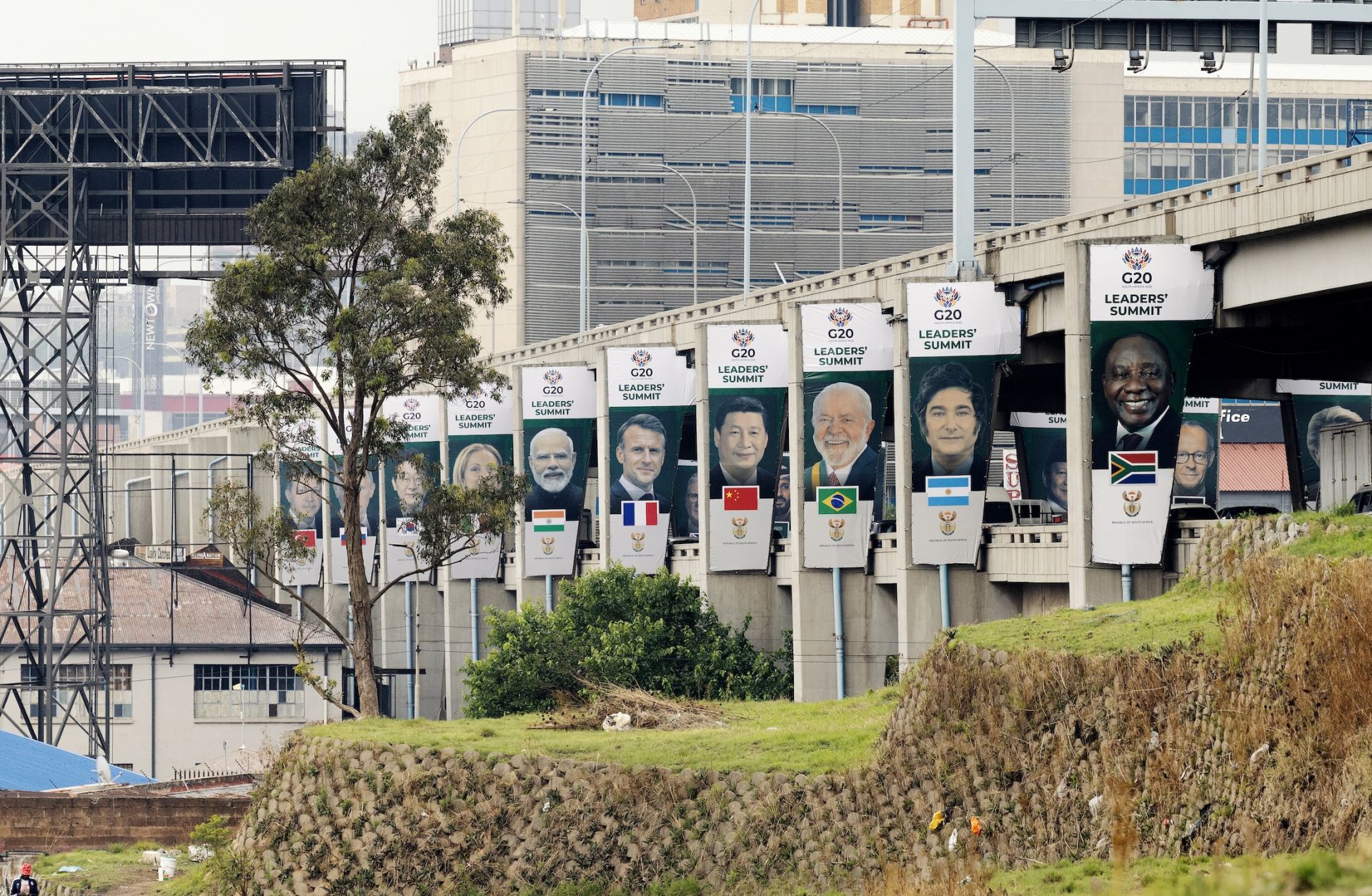 Banners bearing portraits of leaders of the G20 on Nov. 20 in Johannesburg.