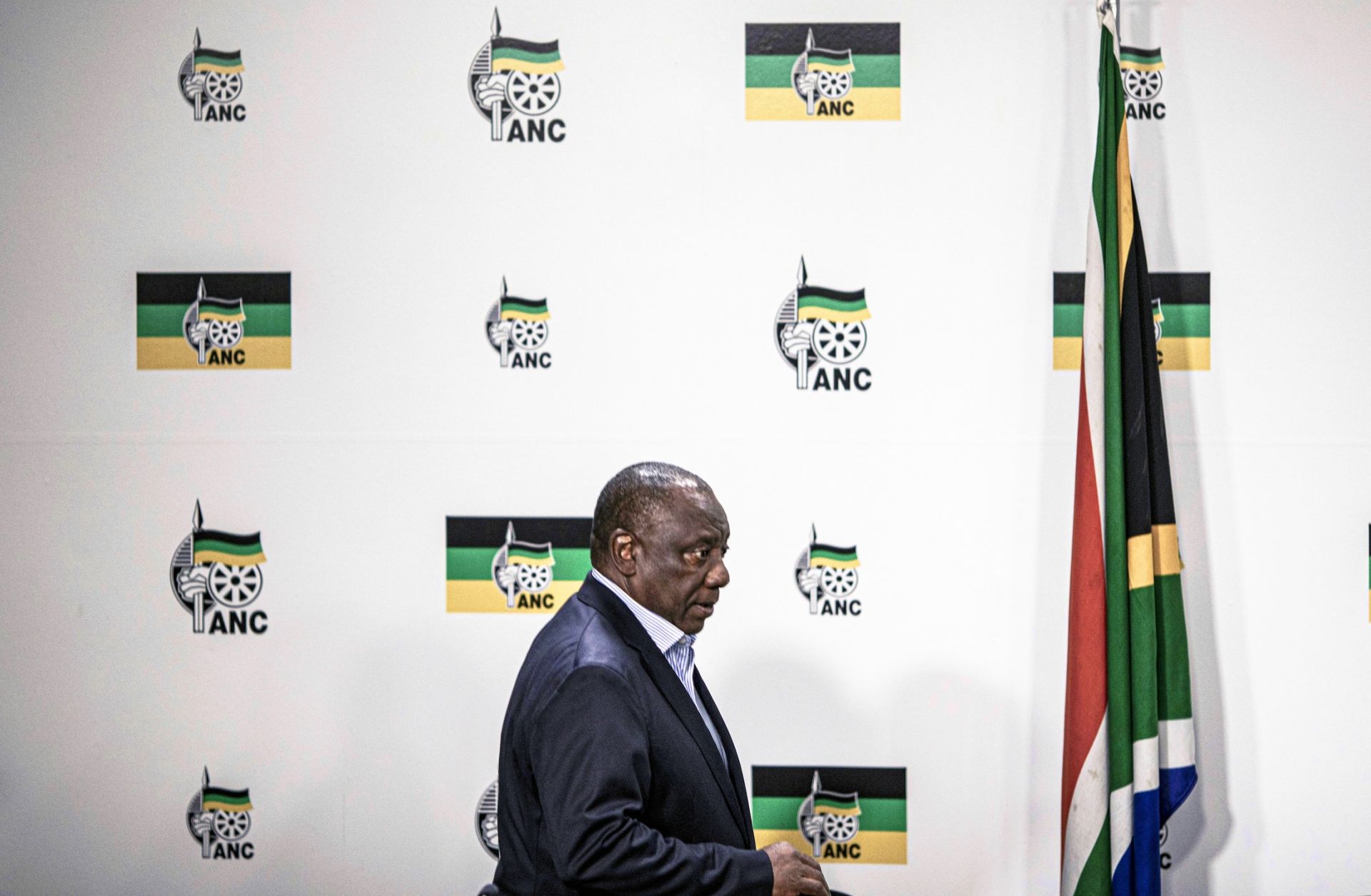 South African President Cyril Ramaphosa arrives at a briefing at his African National Congress (ANC) party's headquarters in Johannesburg on May 13, 2024. South African President Cyril Ramaphosa arrives at a briefing at his African National Congress (ANC) party's headquarters in Johannesburg on May 13, 2024.