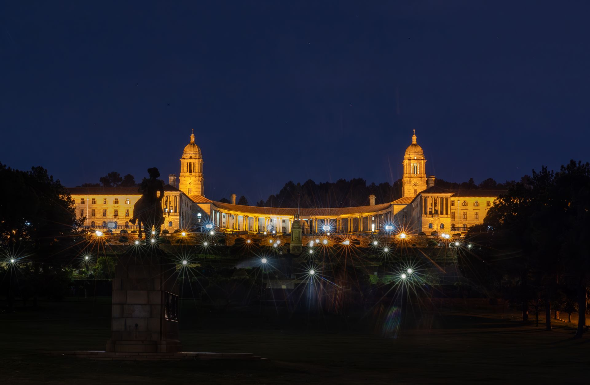 Photograph of the Union Buildings in Pretoria, Gauteng, South Africa, at night. 