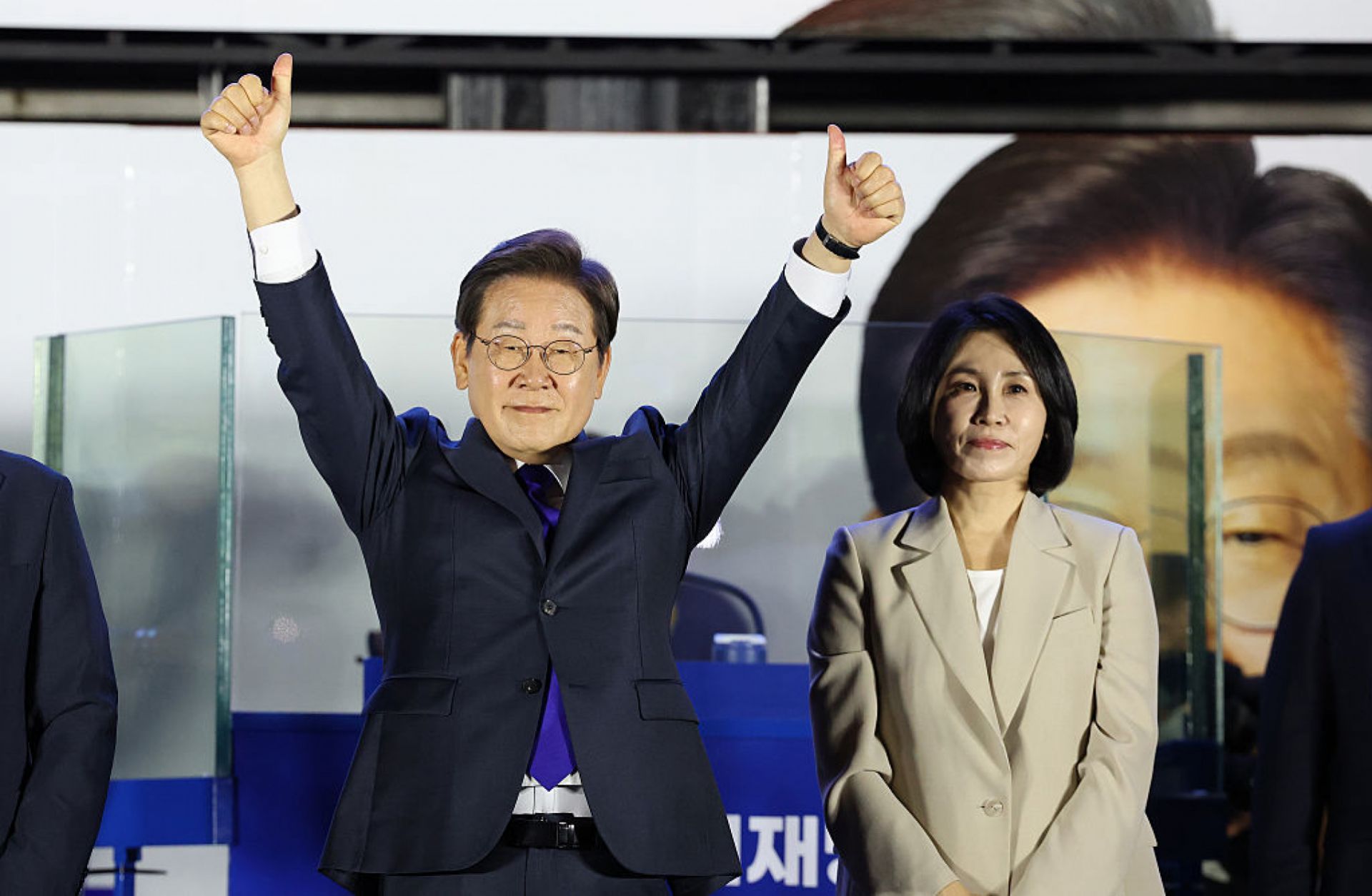 Lee Jae-myung and his wife celebrate his projected victory in South Korea's presidential election on June 4, 2025, in Seoul, South Korea.