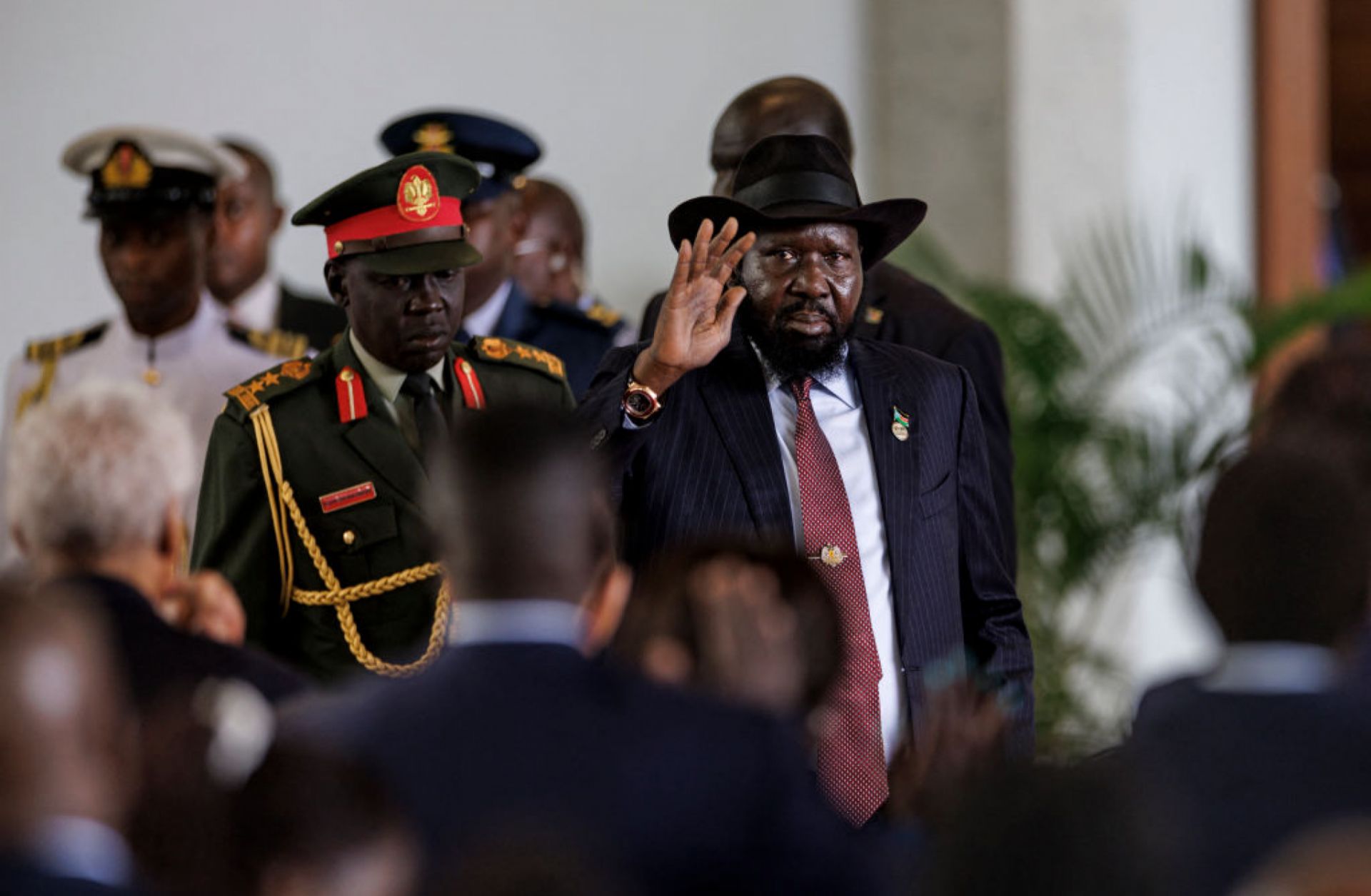 South Sudan's President Salva Kiir (right) waves as he arrives in Nairobi, Kenya, on May 9, 2024, for the launch of new peace talks with rebel groups.