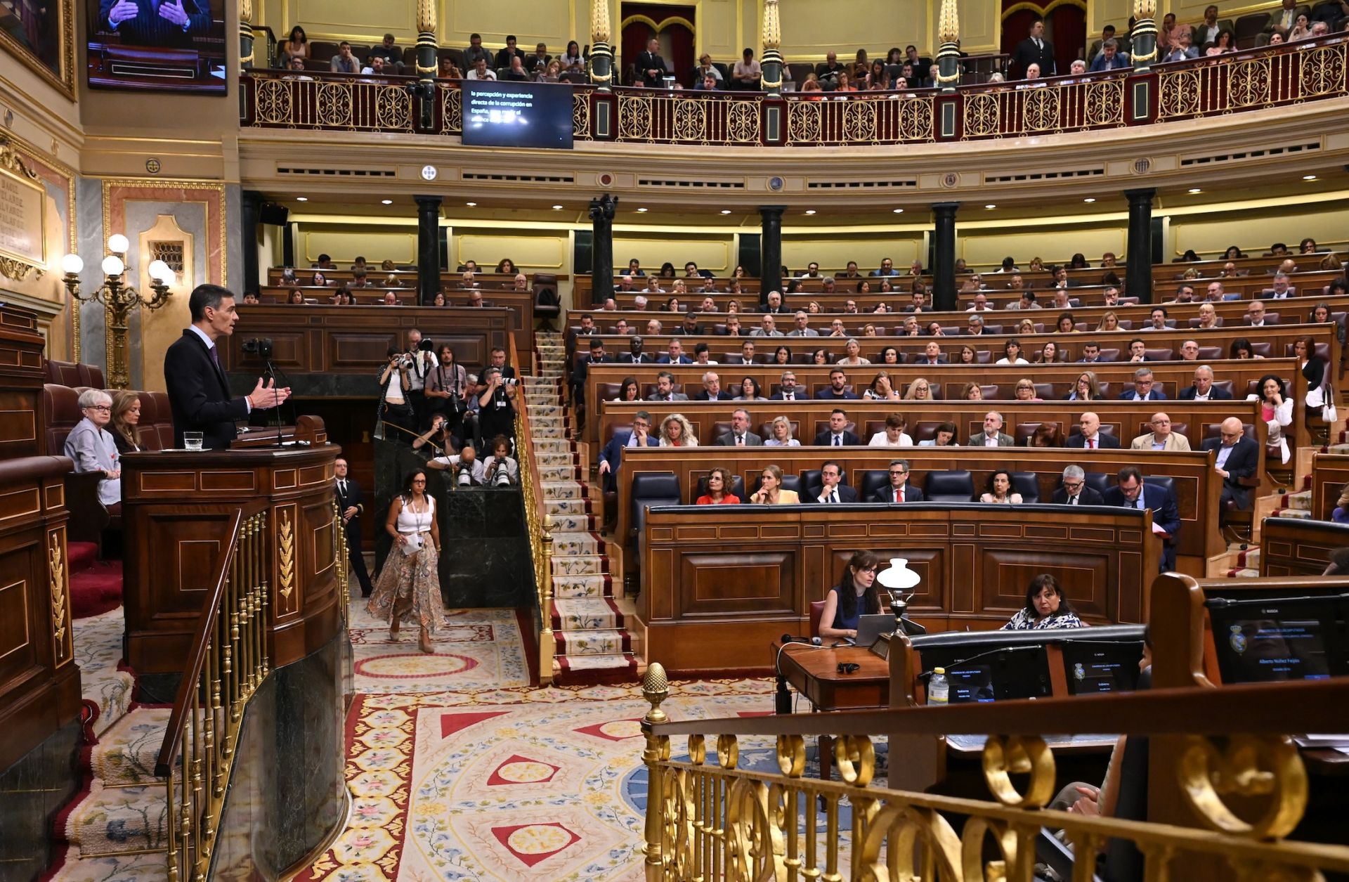 Spanish Prime Minister Pedro Sanchez addresses lawmakers during a plenary session at the Spanish parliament in Madrid on July 9, 2025. 