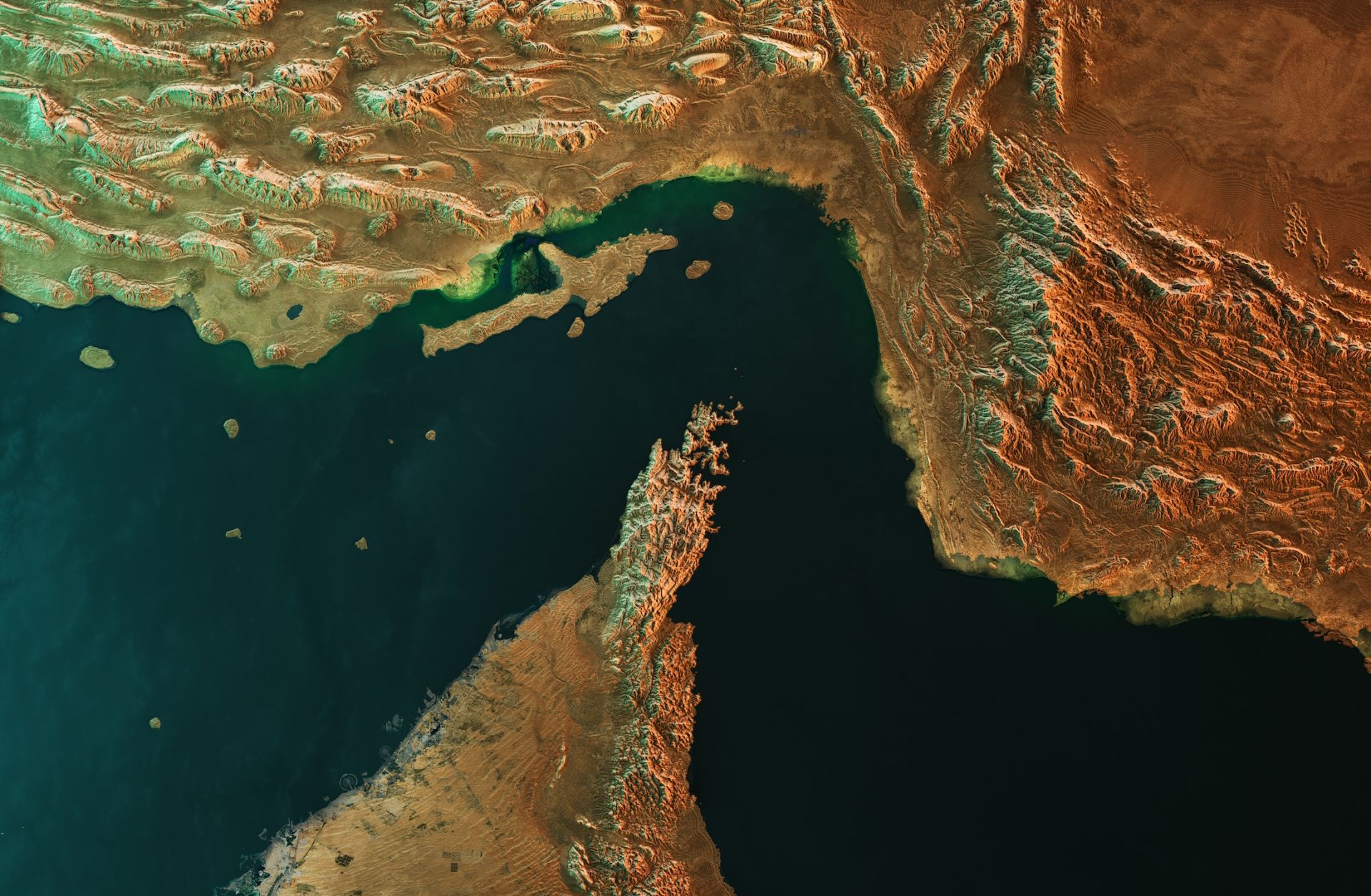A 3D satellite-style visualization of the Strait of Hormuz in the Persian Gulf. A 3D satellite-style visualization of the Strait of Hormuz in the Persian Gulf.